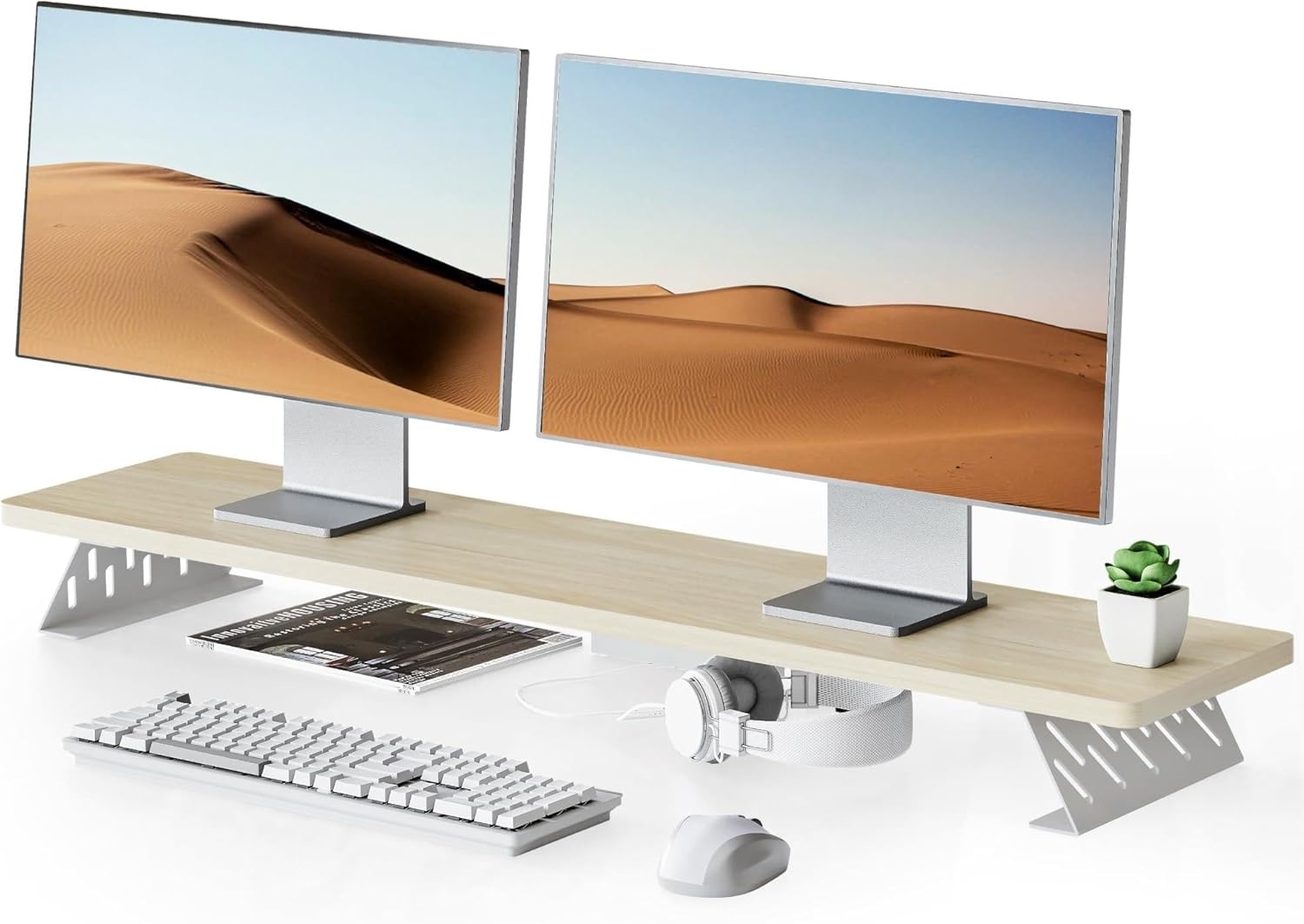 image:imageFenge Monitor Stand Riser Desk Top Shelf for 2 Monitors Computer Stands for Desk Wood amp Steel Desktop Riser for Laptop PC PrinterOak