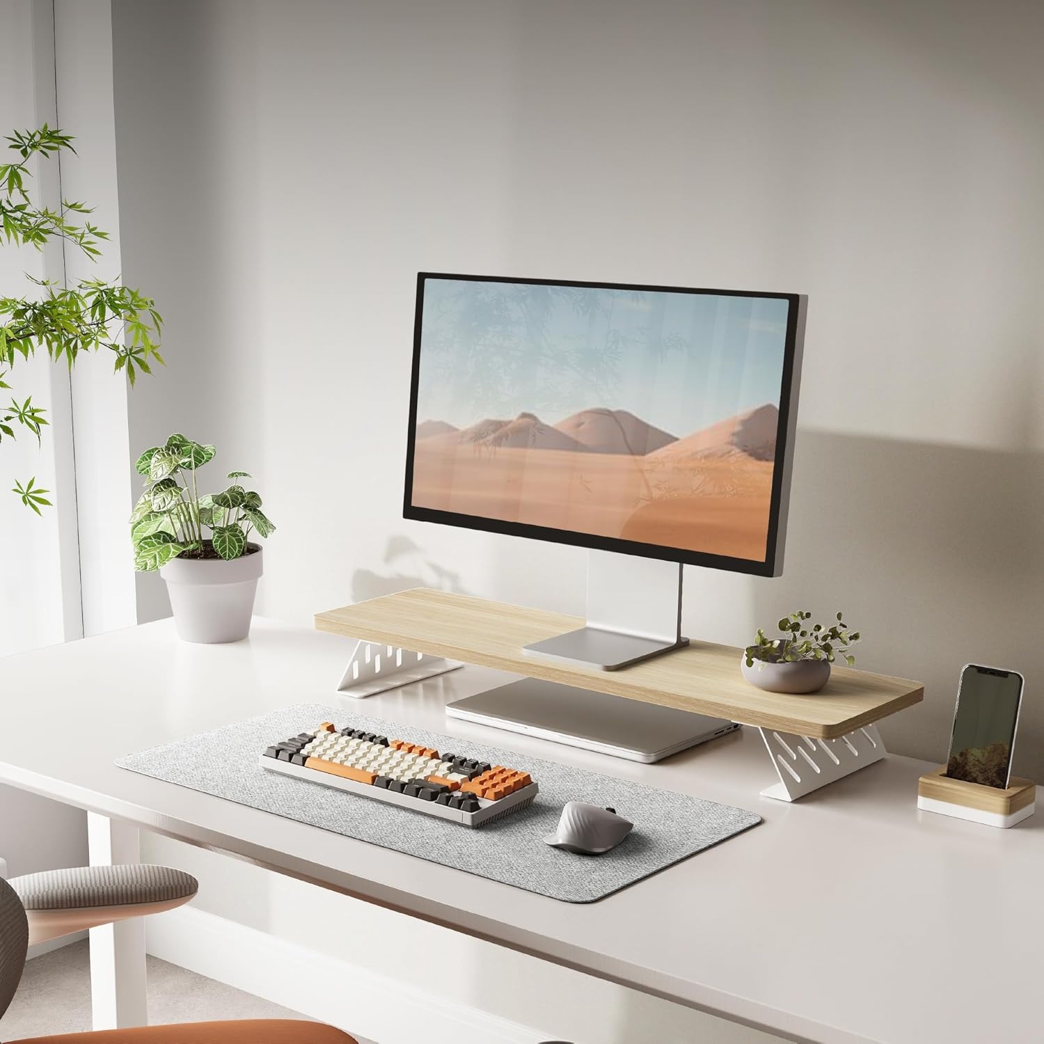 image:imageFenge Monitor Stand Riser Desk Top Shelf for 2 Monitors Computer Stands for Desk Wood amp Steel Desktop Riser for Laptop PC PrinterOak