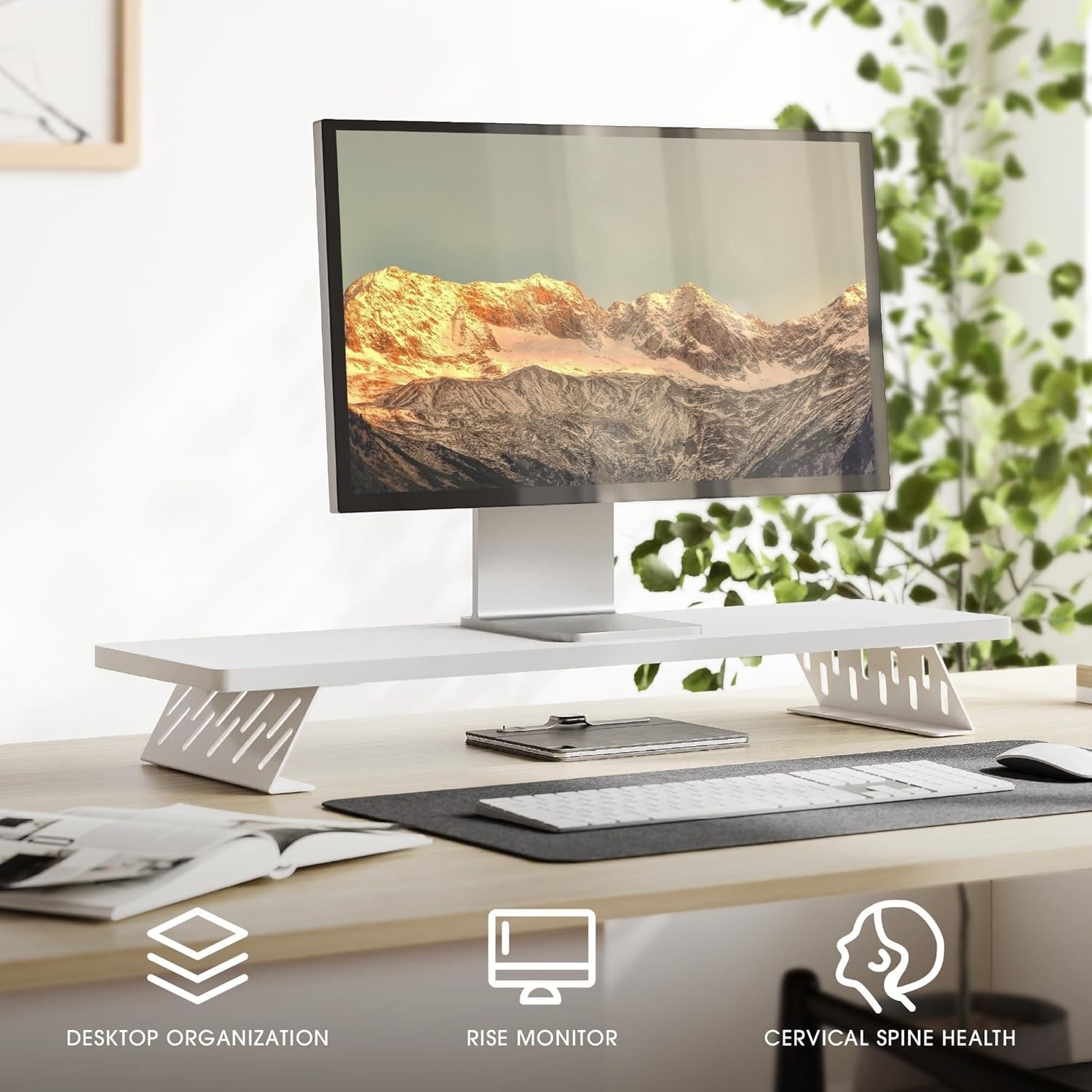 image:imageFenge Monitor Stand Riser Desk Top Shelf for 2 Monitors Computer Stands for Desk Wood amp Steel Desktop Riser for Laptop PC PrinterWhite