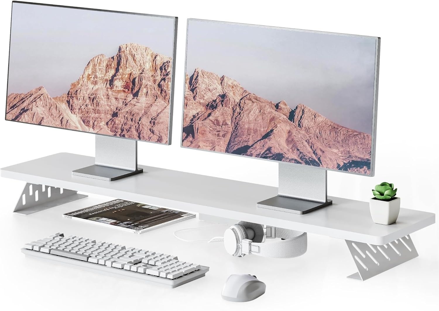 image:imageFenge Monitor Stand Riser Desk Top Shelf for 2 Monitors Computer Stands for Desk Wood amp Steel Desktop Riser for Laptop PC PrinterWhite