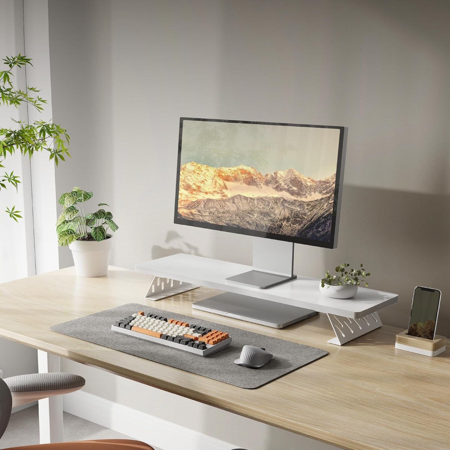 image:imageFenge Monitor Stand Riser Desk Top Shelf for 2 Monitors Computer Stands for Desk Wood amp Steel Desktop Riser for Laptop PC PrinterWhite