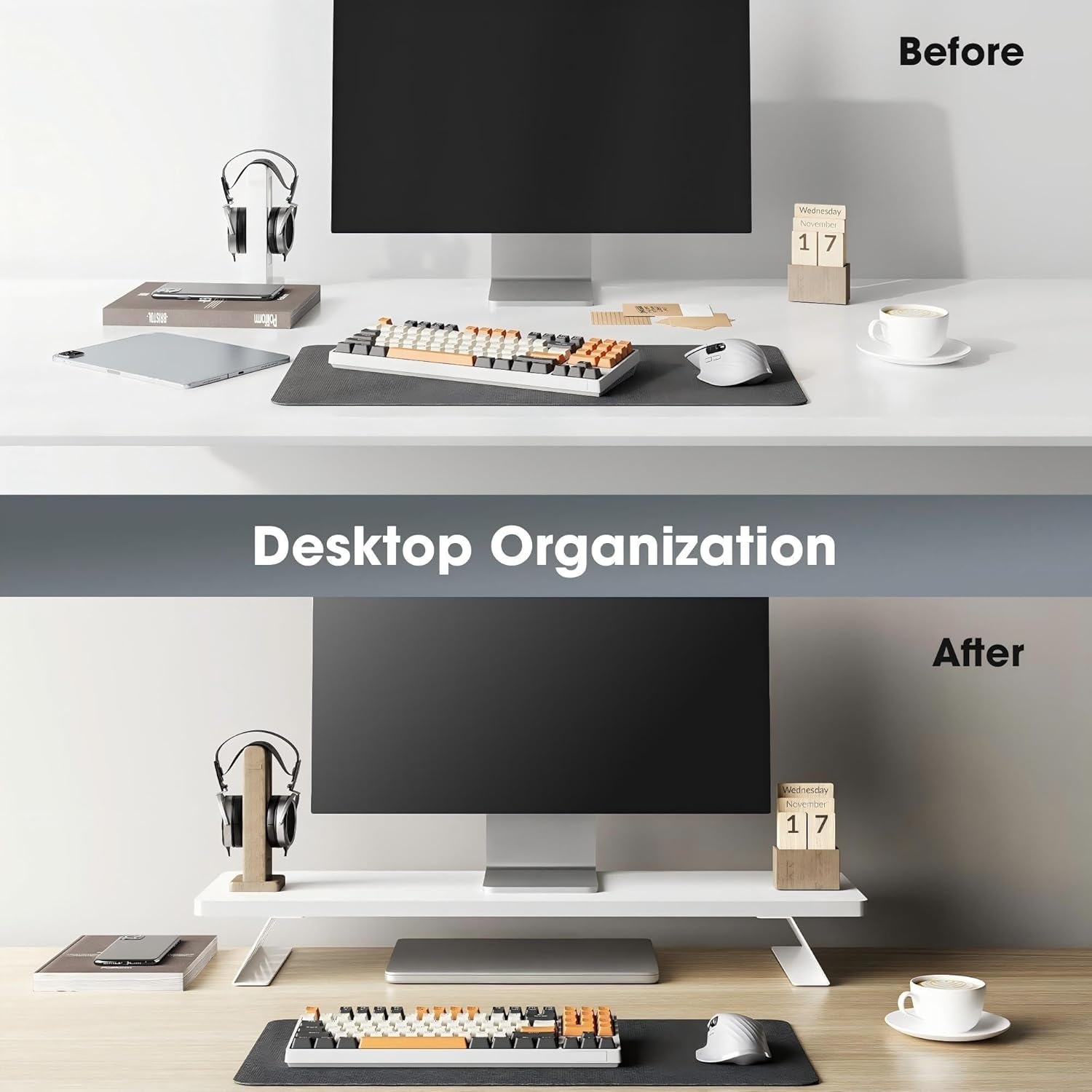 image:imageFenge Monitor Stand Riser Desk Top Shelf for 2 Monitors Computer Stands for Desk Wood amp Steel Desktop Riser for Laptop PC PrinterWhite
