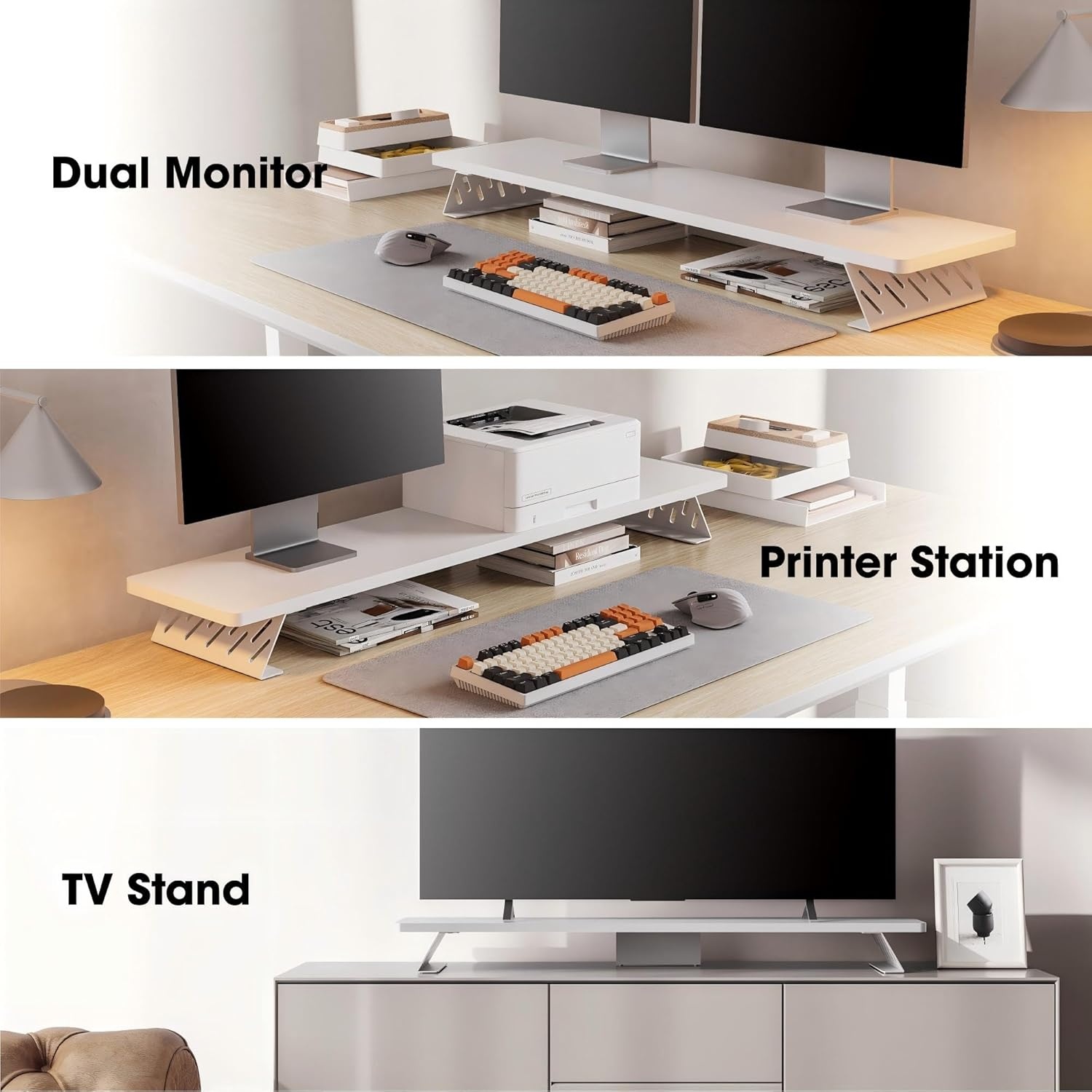 image:imageFenge Monitor Stand Riser Desk Top Shelf for 2 Monitors Computer Stands for Desk Wood amp Steel Desktop Riser for Laptop PC PrinterWhite