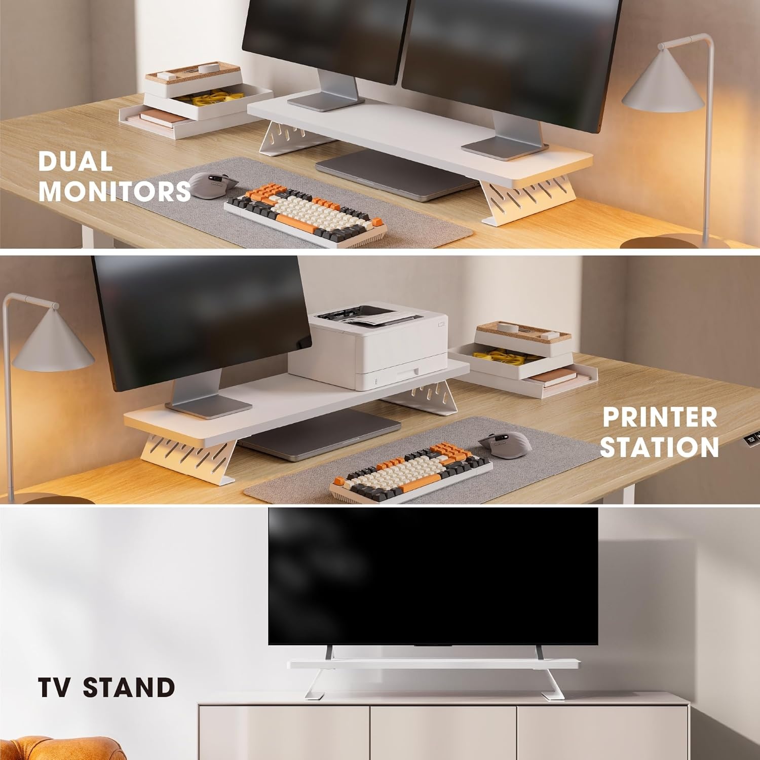 image:imageFenge Monitor Stand Riser Desk Top Shelf for 2 Monitors Computer Stands for Desk Wood amp Steel Desktop Riser for Laptop PC PrinterWhite