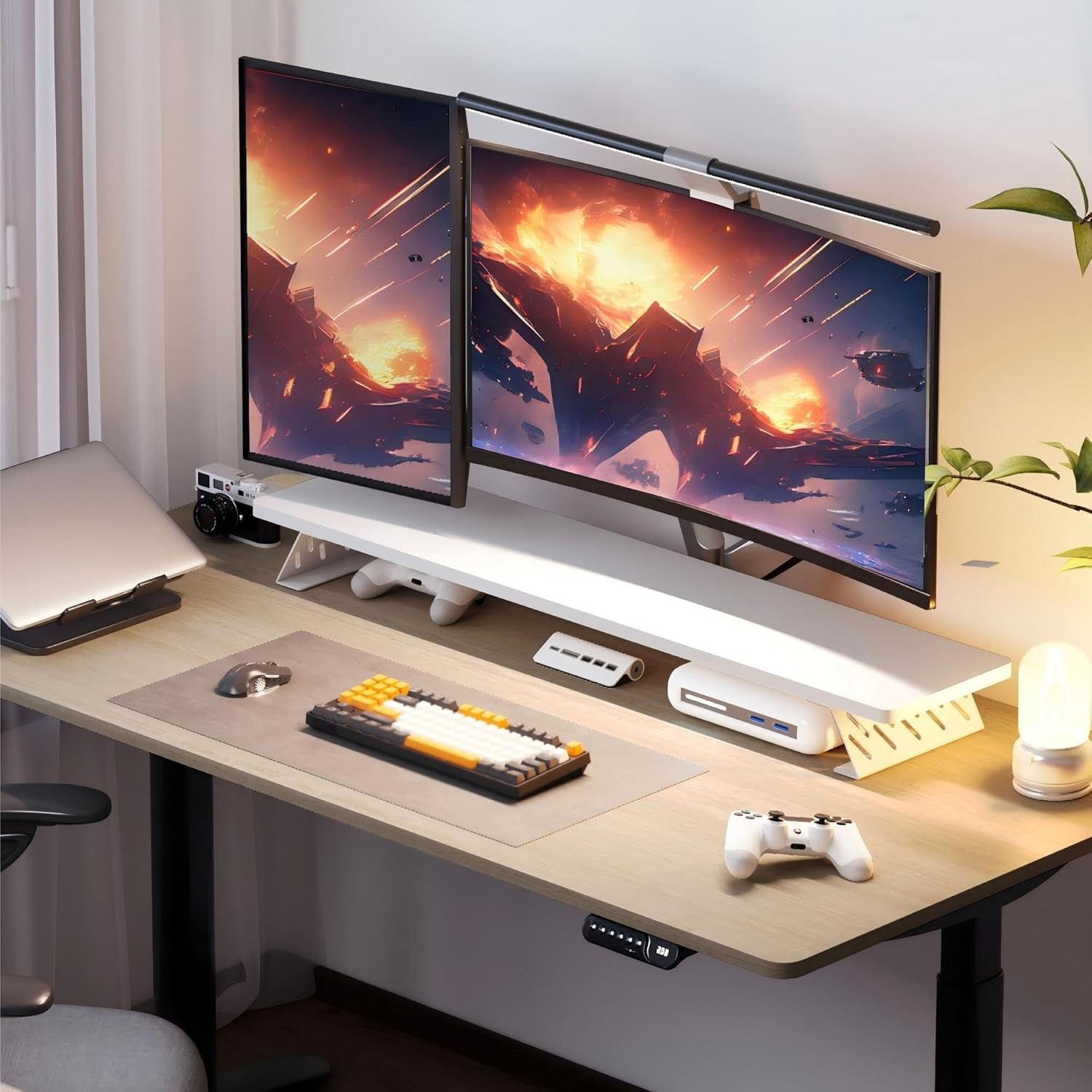 image:imageFenge Monitor Stand Riser Desk Top Shelf for 2 Monitors Computer Stands for Desk Wood amp Steel Desktop Riser for Laptop PC PrinterWhite
