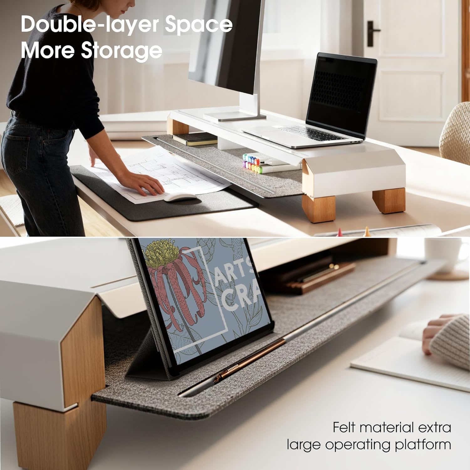 image:imageFenge Monitor Stand for Desk 39 Inch Dual Monitor Riser for 2 Monitors Solid Wood Desk Shelf with Cable Management 2 Tier Computer Stand with Phone Stand for PC Laptop Printer TVWhite