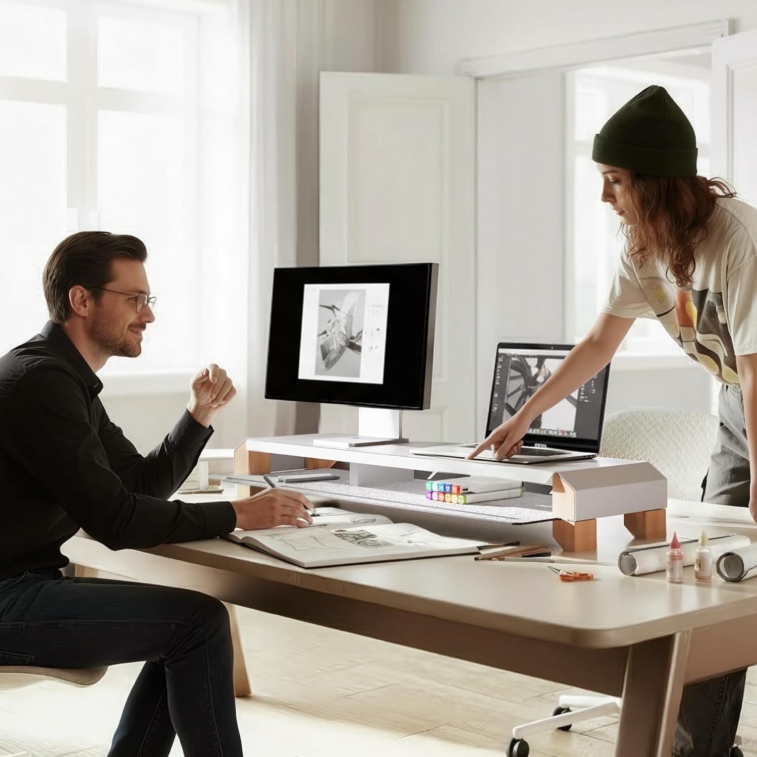 image:imageFenge Monitor Stand for Desk 39 Inch Dual Monitor Riser for 2 Monitors Solid Wood Desk Shelf with Cable Management 2 Tier Computer Stand with Phone Stand for PC Laptop Printer TVWhite