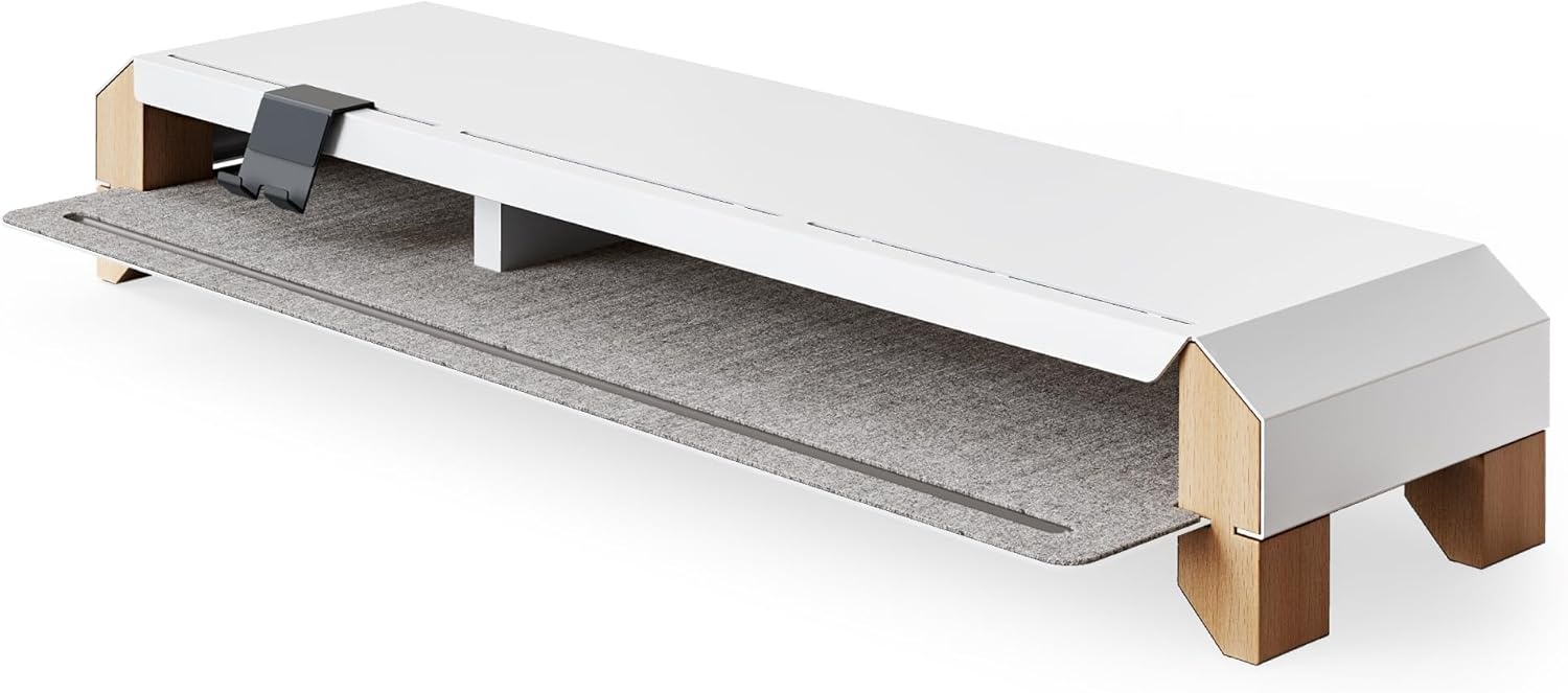 image:imageFenge Monitor Stand for Desk 39 Inch Dual Monitor Riser for 2 Monitors Solid Wood Desk Shelf with Cable Management 2 Tier Computer Stand with Phone Stand for PC Laptop Printer TVWhite