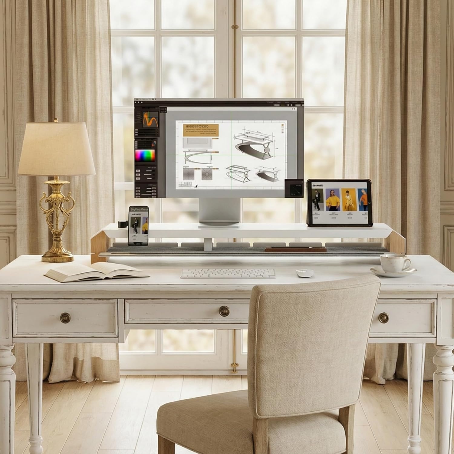 image:imageFenge Monitor Stand for Desk 39 Inch Dual Monitor Riser for 2 Monitors Solid Wood Desk Shelf with Cable Management 2 Tier Computer Stand with Phone Stand for PC Laptop Printer TVWhite