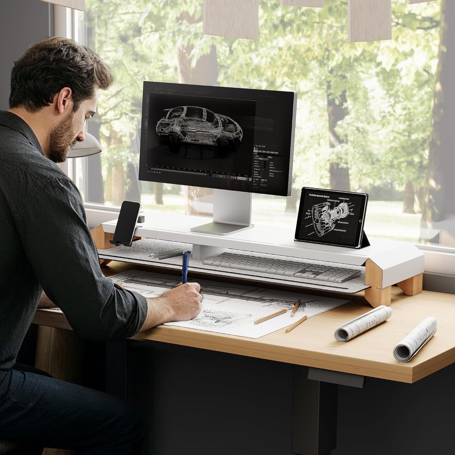 image:imageFenge Monitor Stand for Desk 39 Inch Dual Monitor Riser for 2 Monitors Solid Wood Desk Shelf with Cable Management 2 Tier Computer Stand with Phone Stand for PC Laptop Printer TVWhite