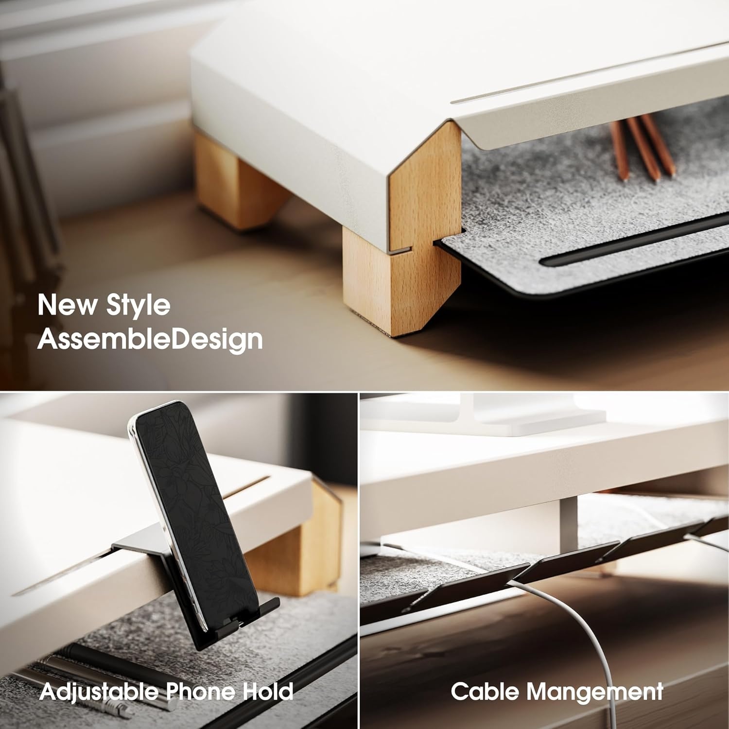 image:imageFenge Monitor Stand for Desk 39 Inch Dual Monitor Riser for 2 Monitors Solid Wood Desk Shelf with Cable Management 2 Tier Computer Stand with Phone Stand for PC Laptop Printer TVWhite