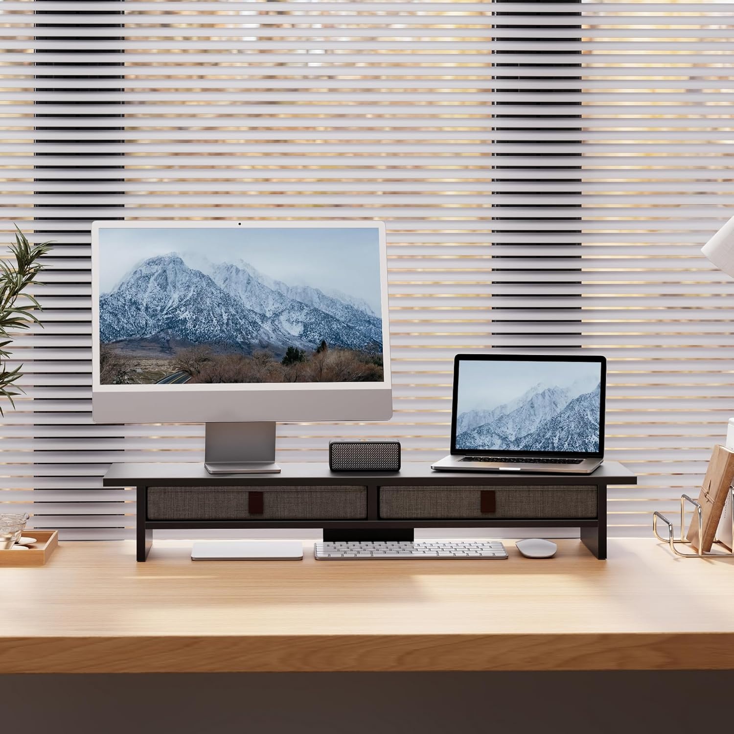 image:imageFenge Monitor Stand with Drawer 2 Tiers Dual Monitor Riser for Desk 35 Inch Computer Stand for 2 Monitors Desk Shelf for Home Office Laptop PC TV PrinterBlack