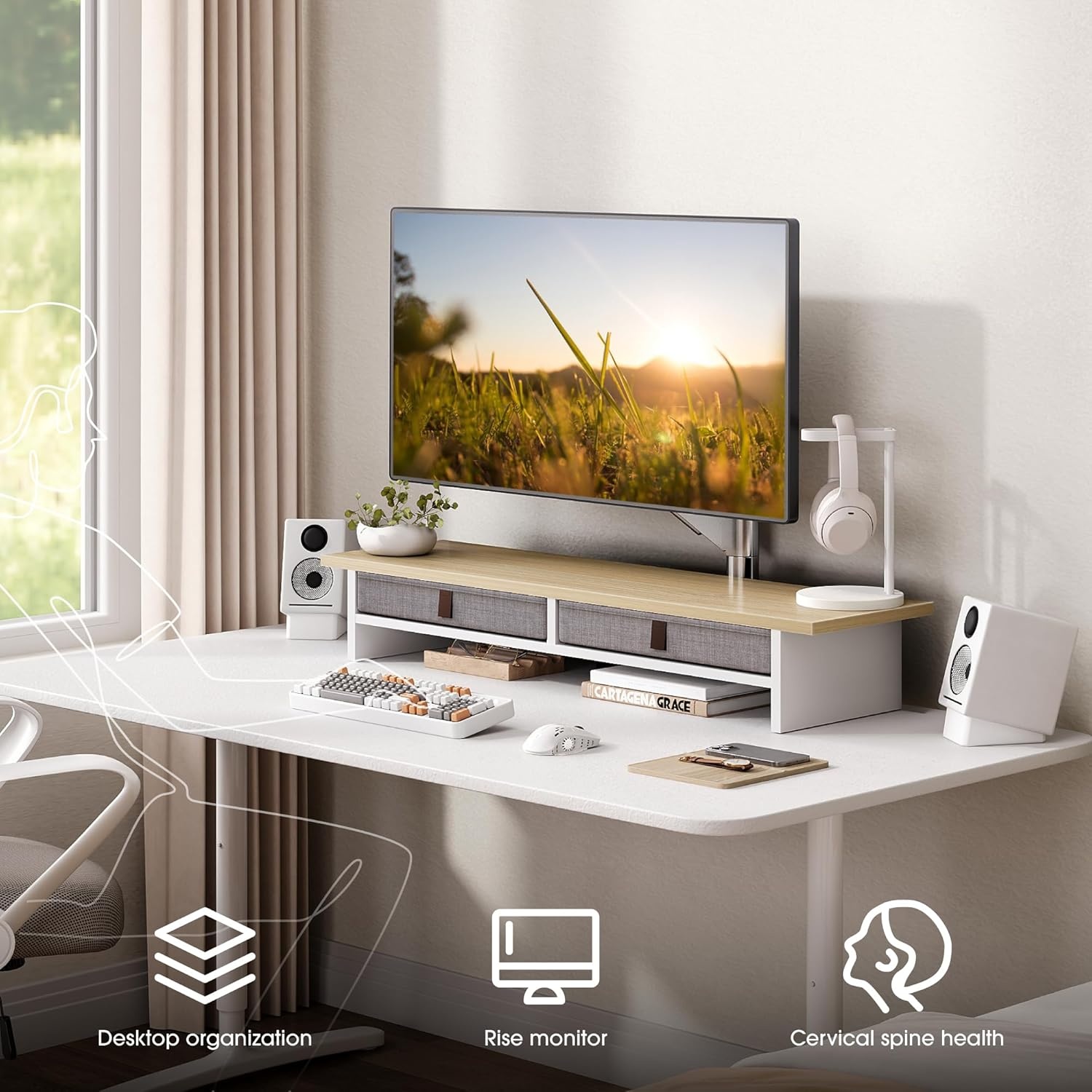image:imageFenge Monitor Stand with Drawer 2 Tiers Dual Monitor Riser for Desk 35 Inch Computer Stand for 2 Monitors Desk Shelf for Home Office Laptop PC TV PrinterOak