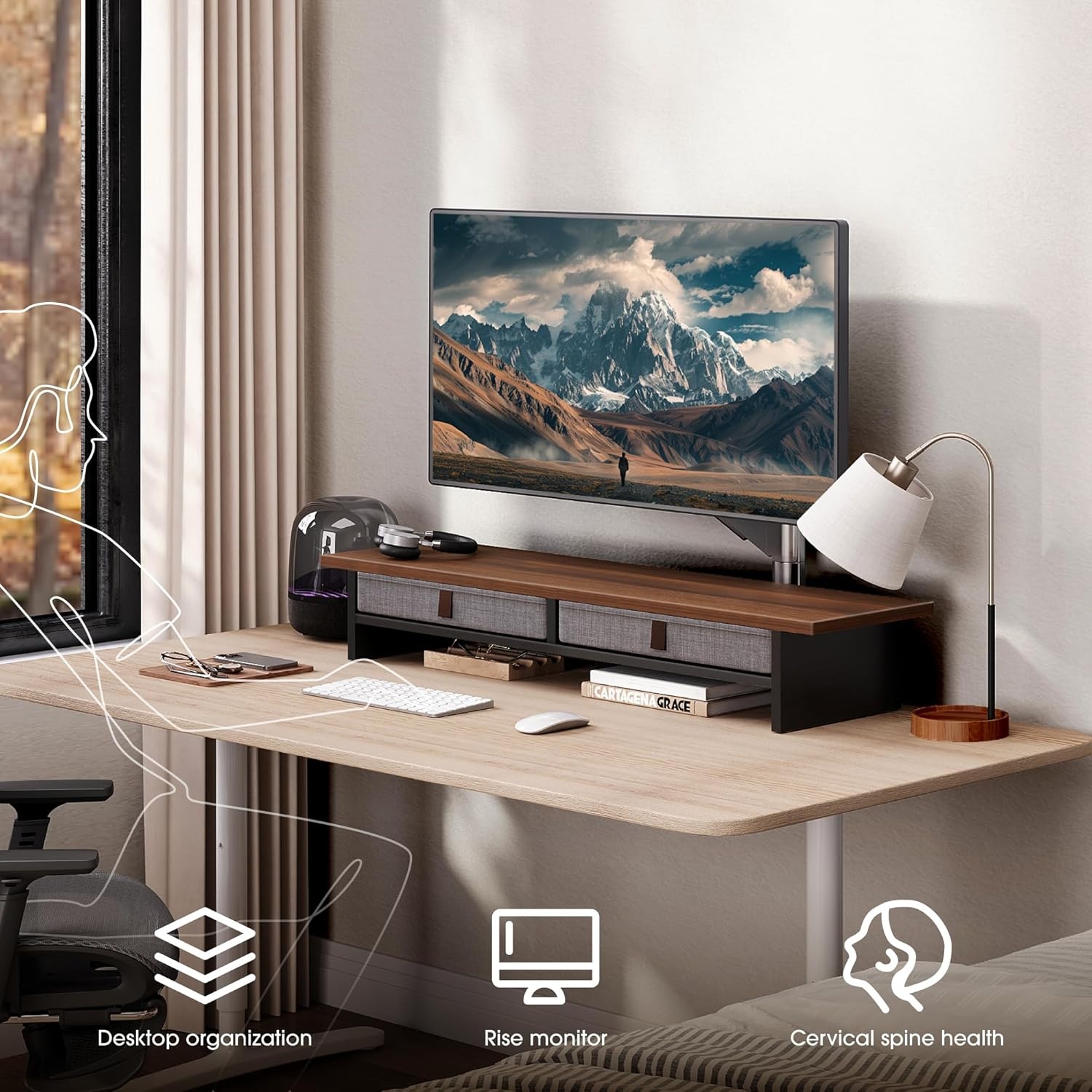 image:imageFenge Monitor Stand with Drawer 2 Tiers Dual Monitor Riser for Desk 35 Inch Computer Stand for 2 Monitors Desk Shelf for Home Office Laptop PC TV PrinterBrown