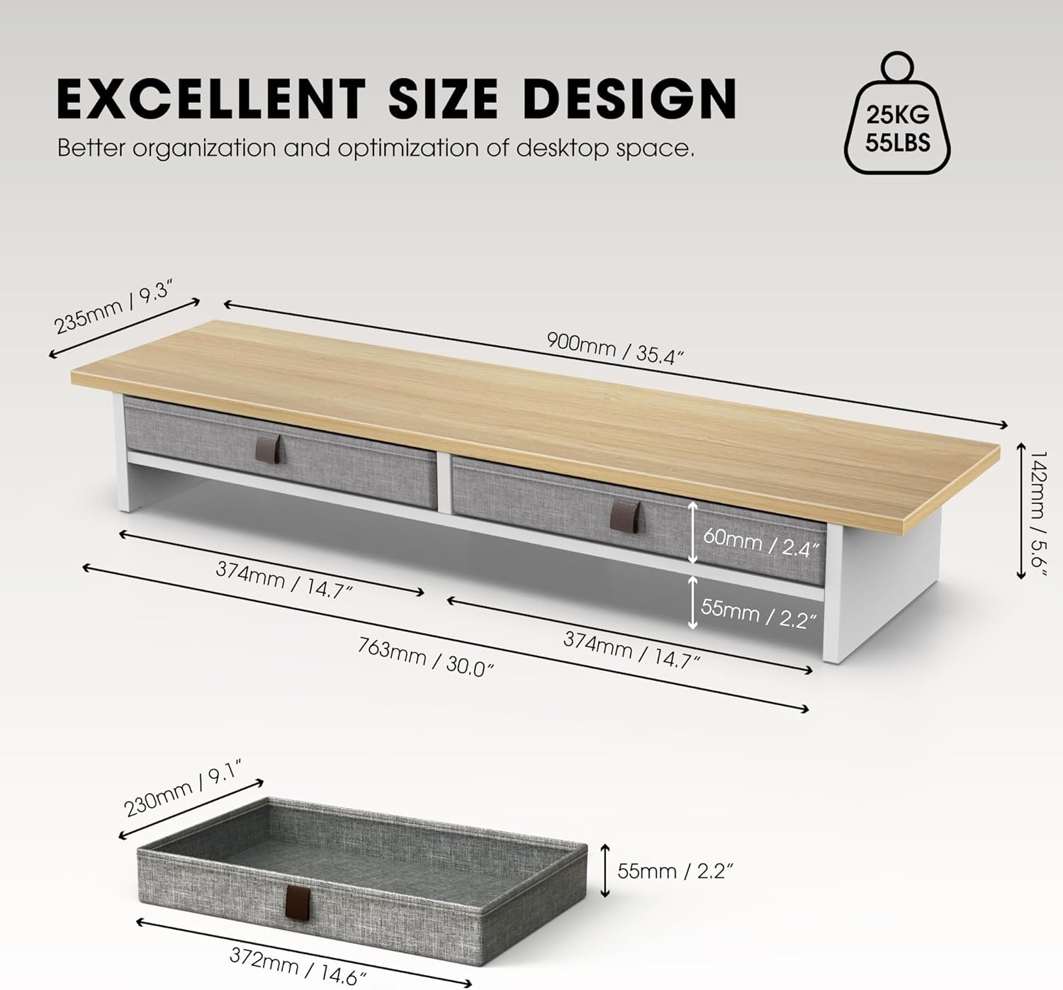 image:imageFenge Monitor Stand with Drawer 2 Tiers Dual Monitor Riser for Desk 35 Inch Computer Stand for 2 Monitors Desk Shelf for Home Office Laptop PC TV PrinterOak