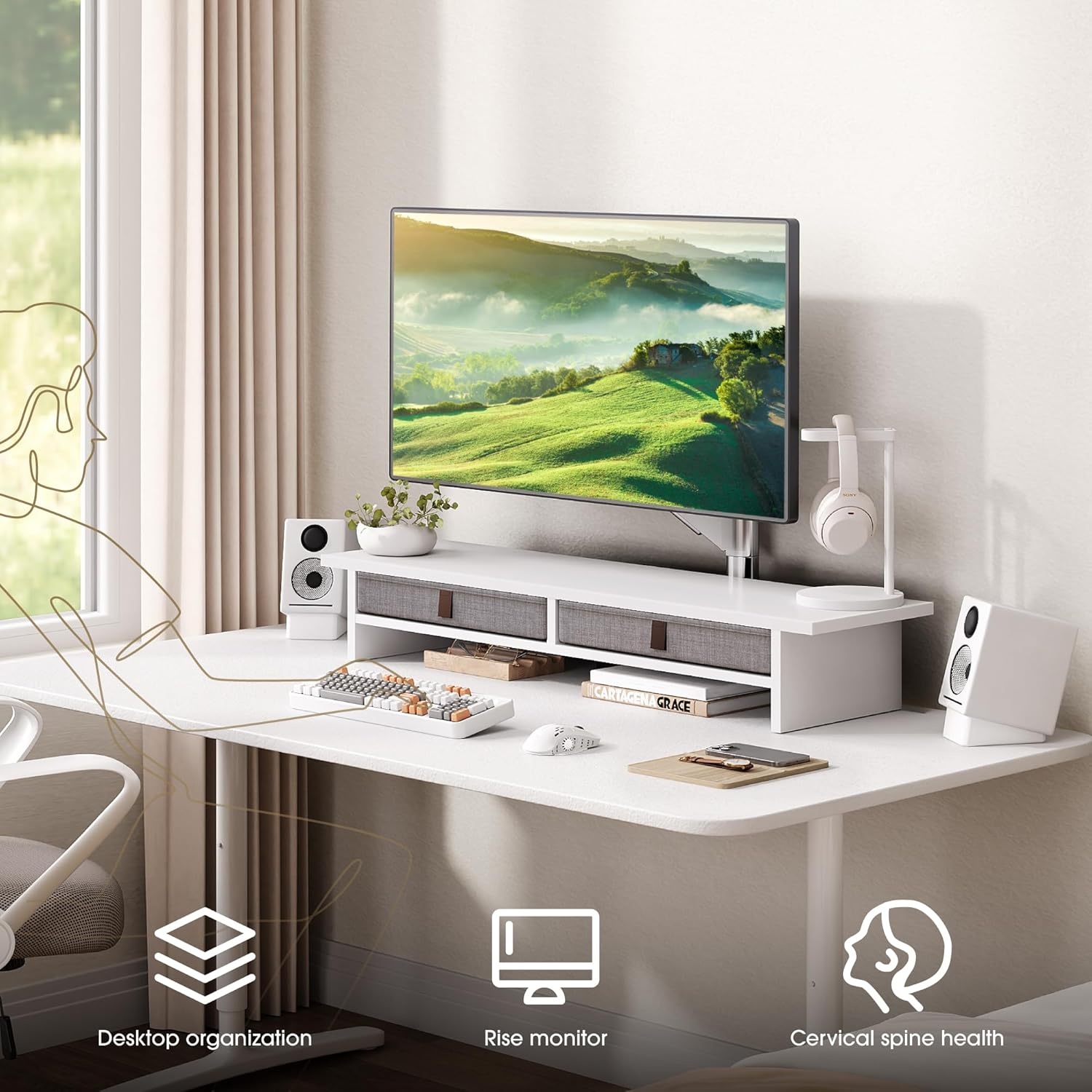 image:imageFenge Monitor Stand with Drawer 2 Tiers Dual Monitor Riser for Desk 35 Inch Computer Stand for 2 Monitors Desk Shelf for Home Office Laptop PC TV PrinterWhite