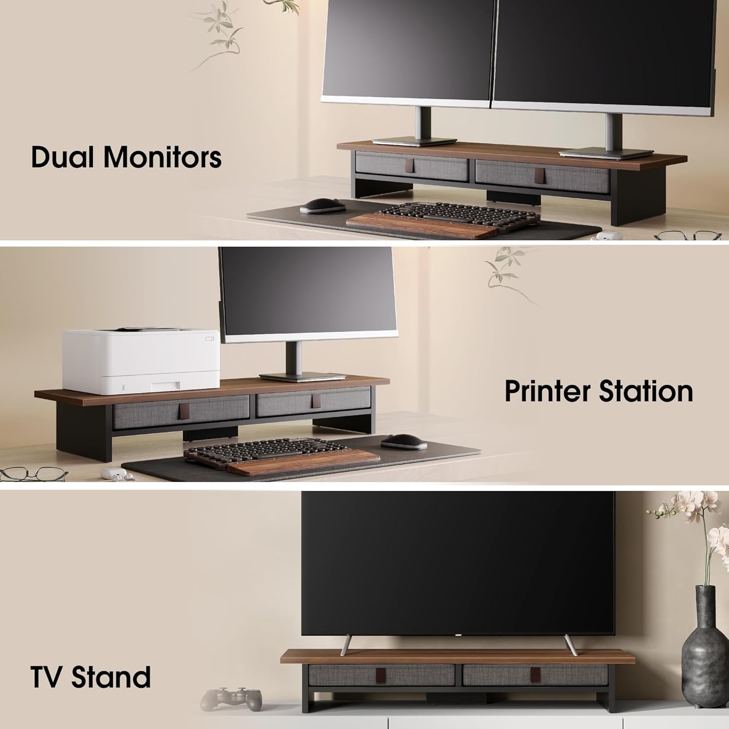 image:imageFenge Monitor Stand with Drawer 2 Tiers Dual Monitor Riser for Desk 35 Inch Computer Stand for 2 Monitors Desk Shelf for Home Office Laptop PC TV PrinterBrown