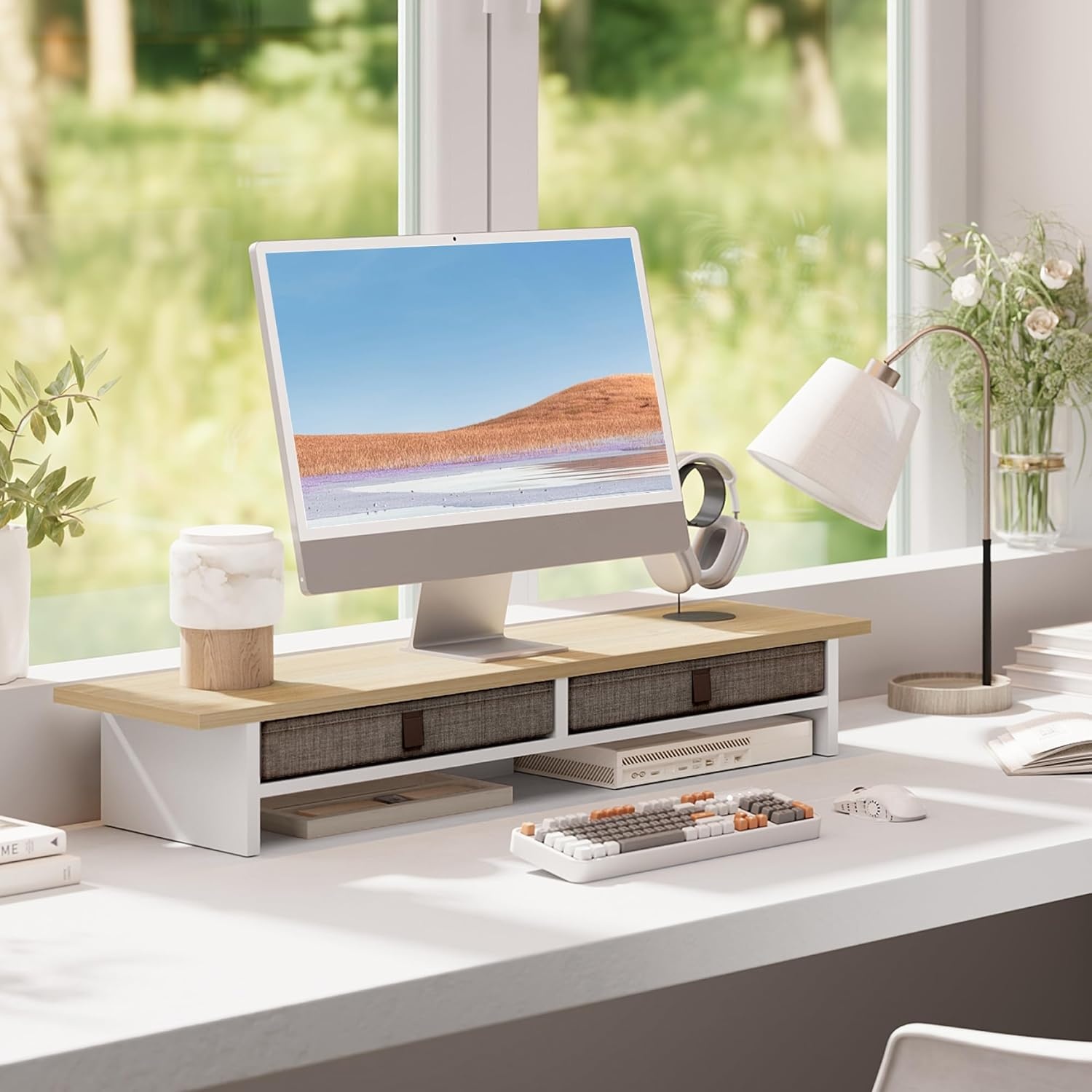 image:imageFenge Monitor Stand with Drawer 2 Tiers Dual Monitor Riser for Desk 35 Inch Computer Stand for 2 Monitors Desk Shelf for Home Office Laptop PC TV PrinterOak