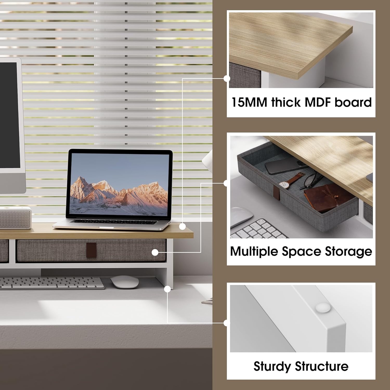 image:imageFenge Monitor Stand with Drawer 2 Tiers Dual Monitor Riser for Desk 35 Inch Computer Stand for 2 Monitors Desk Shelf for Home Office Laptop PC TV PrinterOak