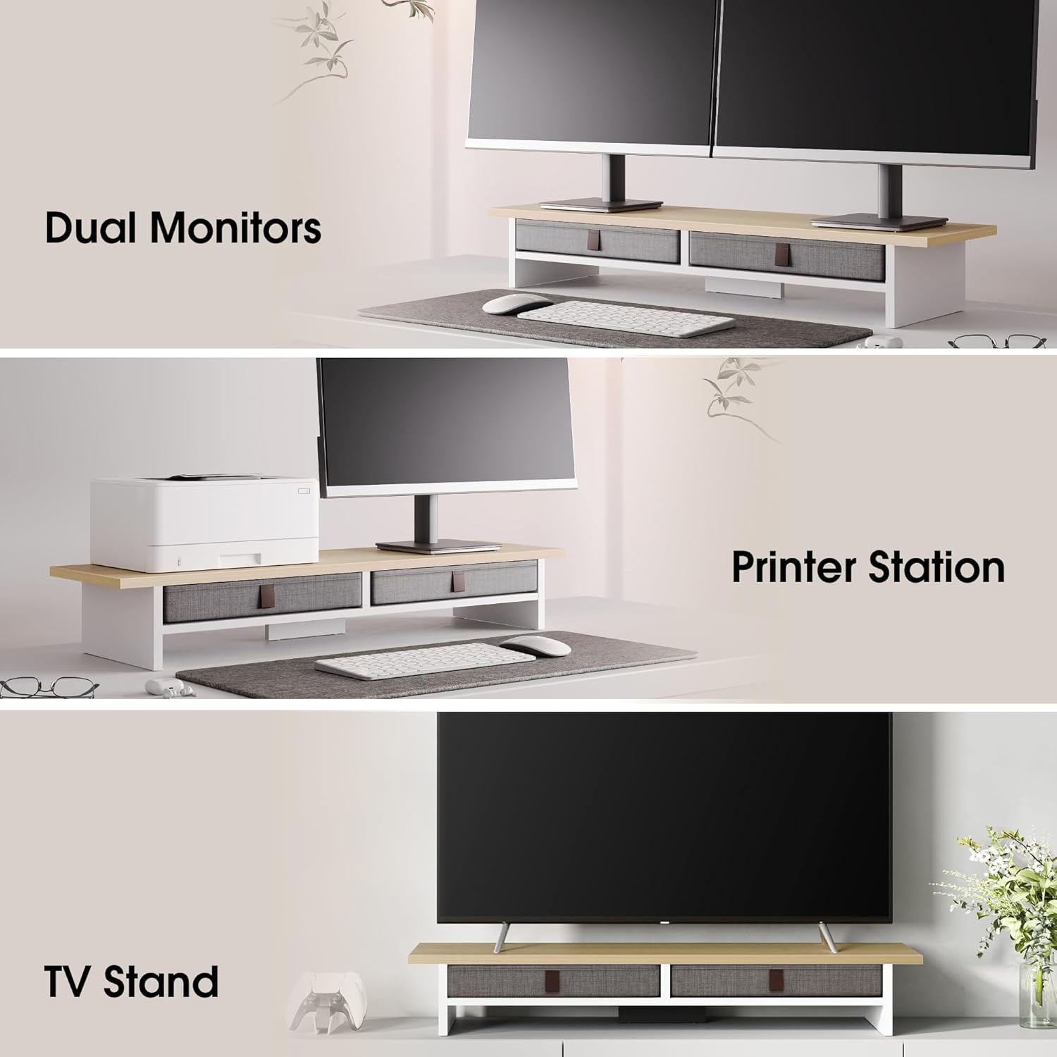 image:imageFenge Monitor Stand with Drawer 2 Tiers Dual Monitor Riser for Desk 35 Inch Computer Stand for 2 Monitors Desk Shelf for Home Office Laptop PC TV PrinterOak