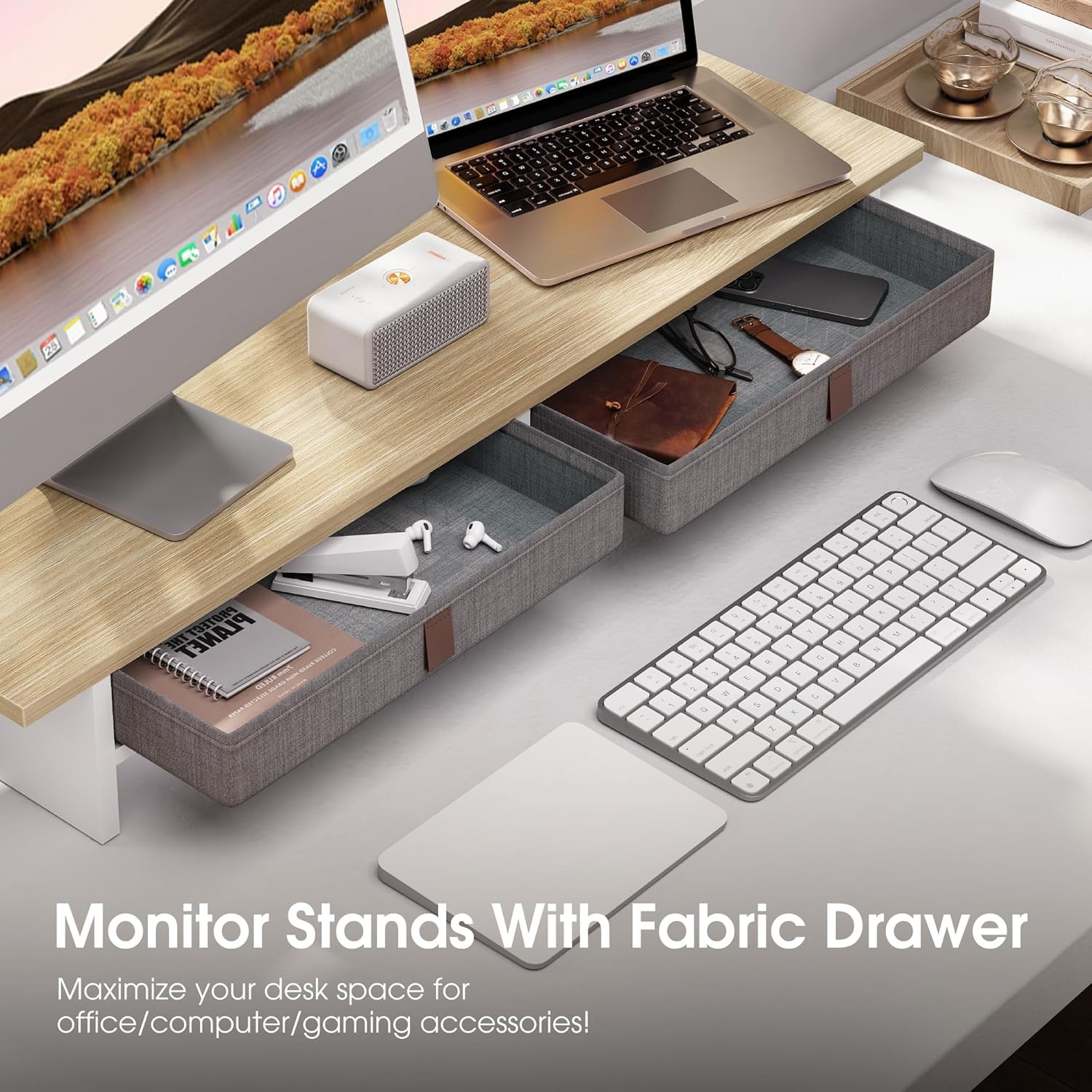 image:imageFenge Monitor Stand with Drawer 2 Tiers Dual Monitor Riser for Desk 35 Inch Computer Stand for 2 Monitors Desk Shelf for Home Office Laptop PC TV PrinterOak