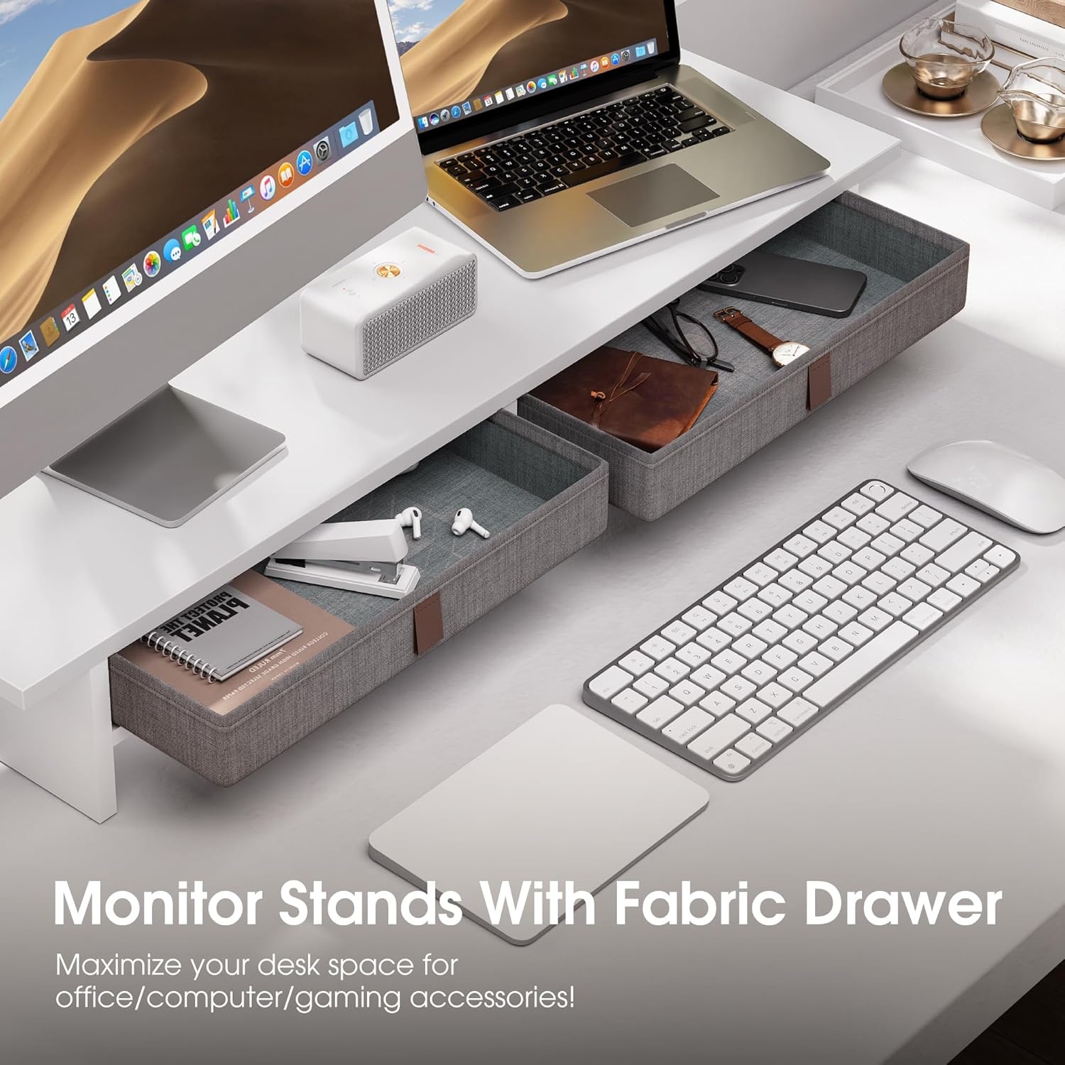 image:imageFenge Monitor Stand with Drawer 2 Tiers Dual Monitor Riser for Desk 35 Inch Computer Stand for 2 Monitors Desk Shelf for Home Office Laptop PC TV PrinterWhite