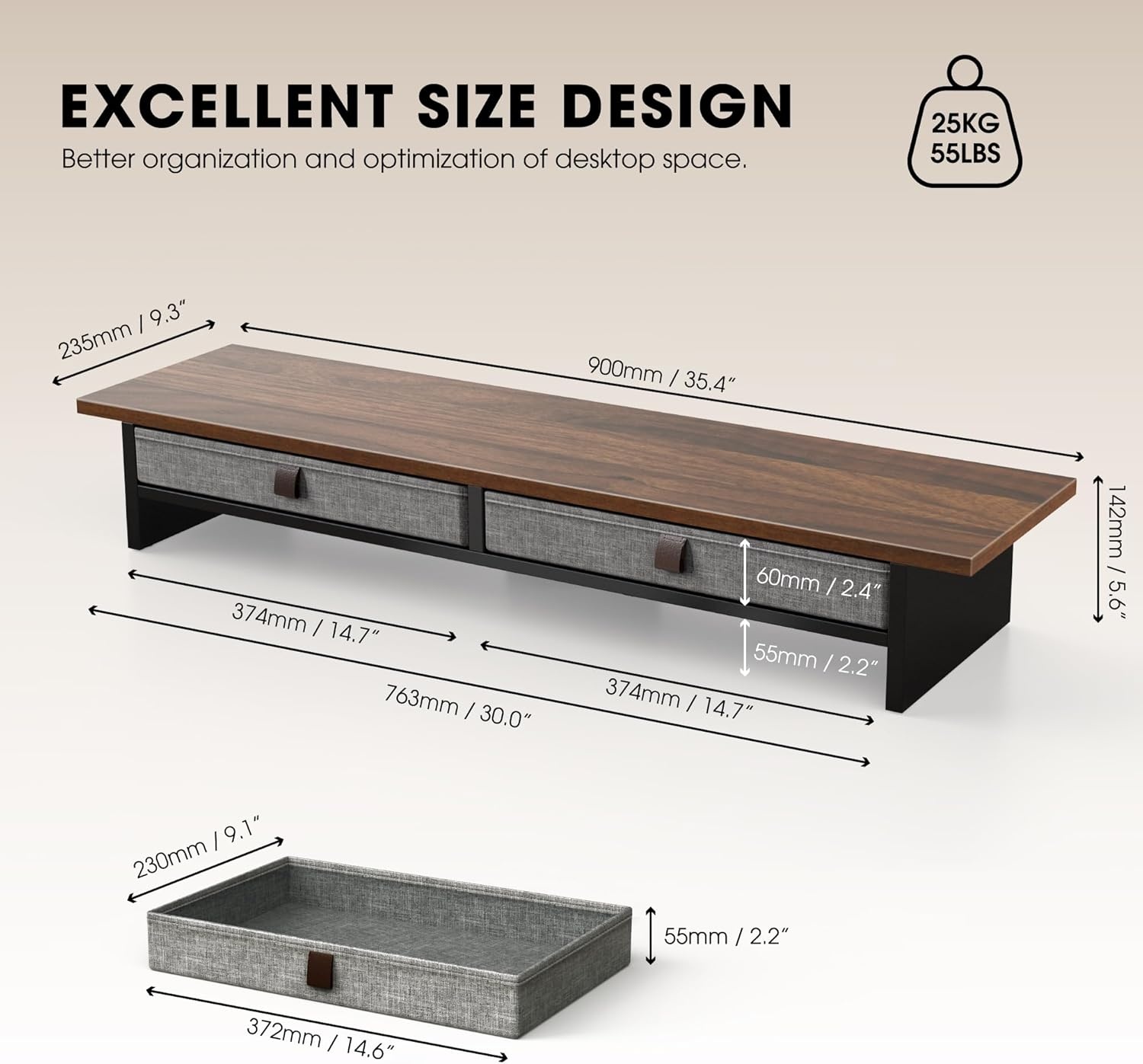 image:imageFenge Monitor Stand with Drawer 2 Tiers Dual Monitor Riser for Desk 35 Inch Computer Stand for 2 Monitors Desk Shelf for Home Office Laptop PC TV PrinterBrown