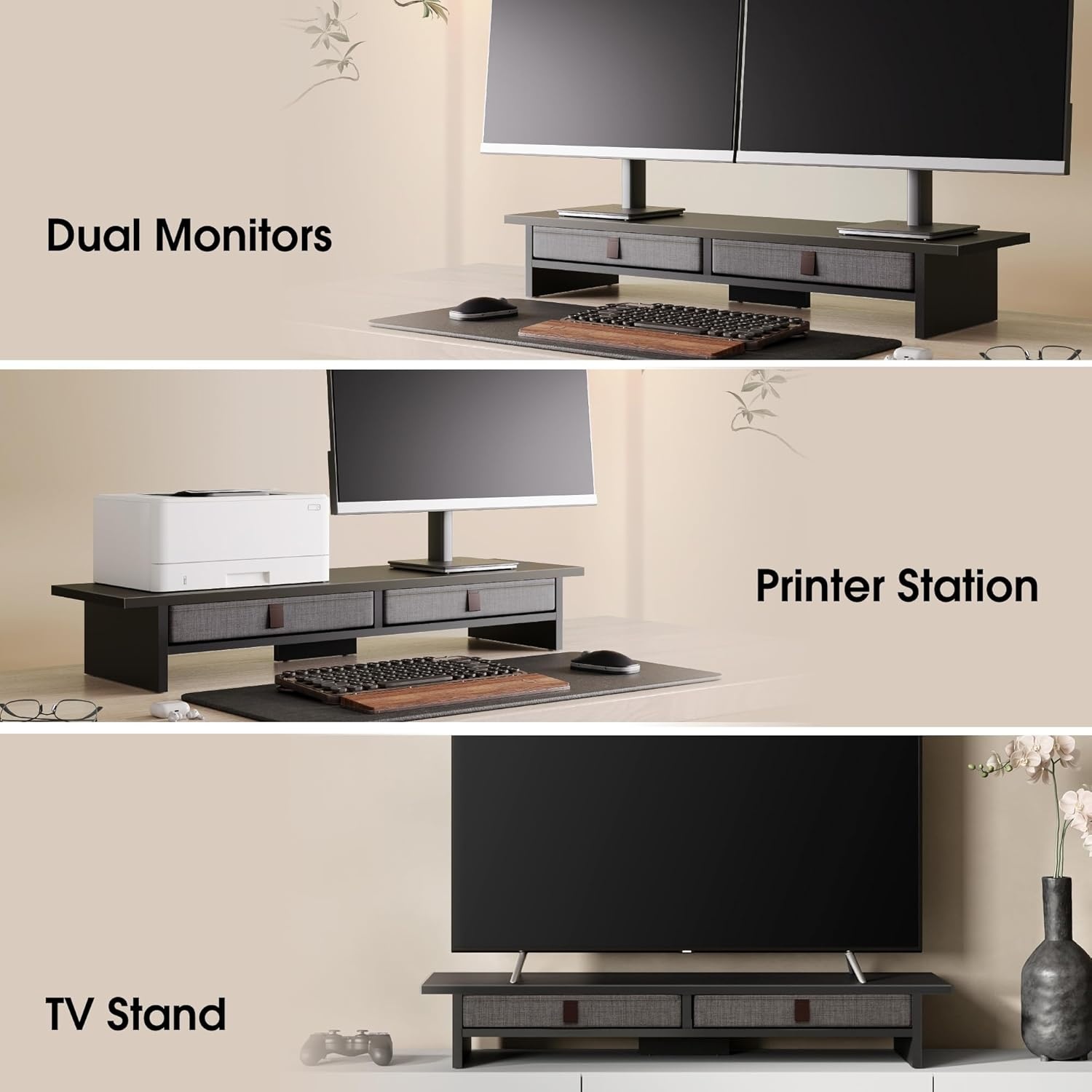 image:imageFenge Monitor Stand with Drawer 2 Tiers Dual Monitor Riser for Desk 35 Inch Computer Stand for 2 Monitors Desk Shelf for Home Office Laptop PC TV PrinterBlack