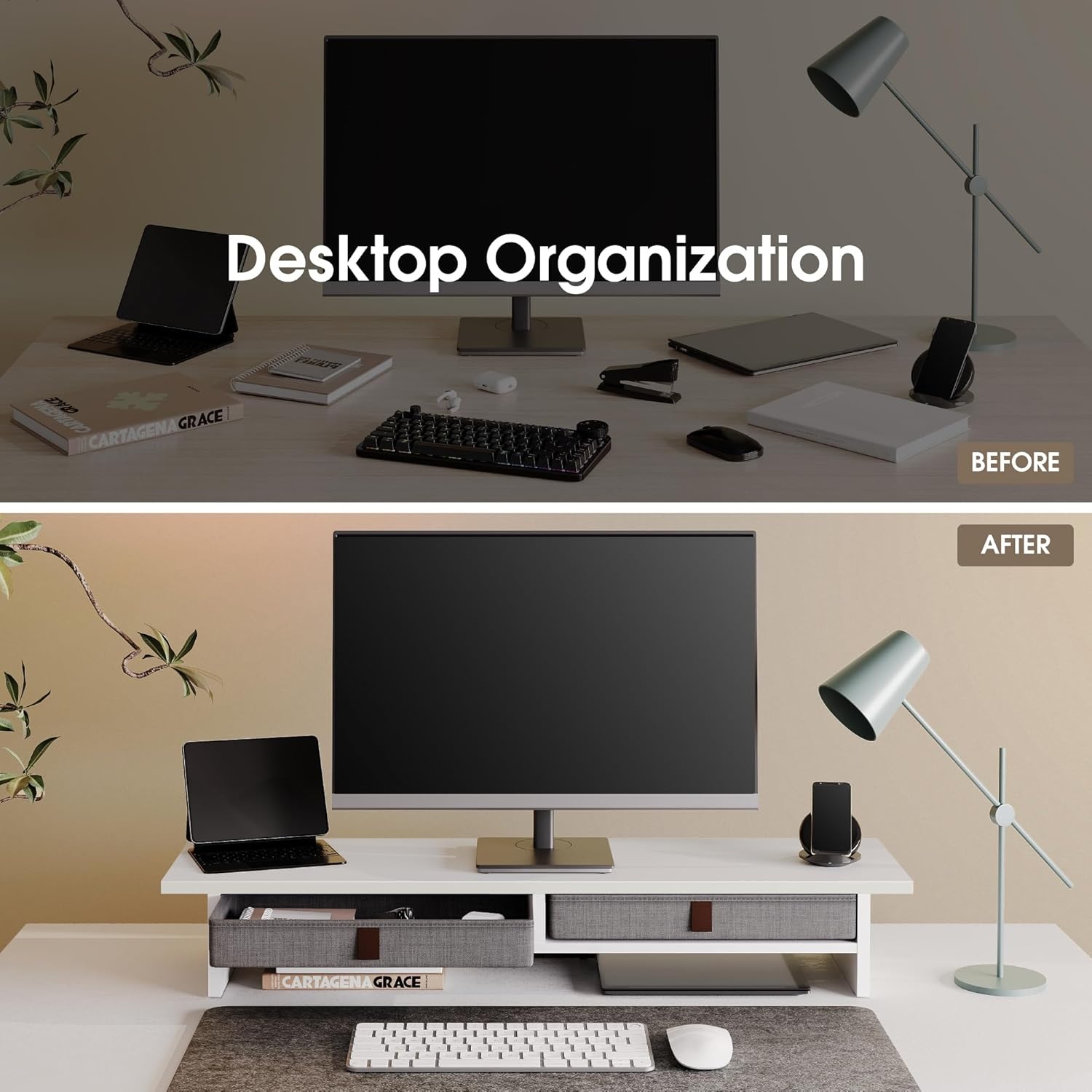 image:imageFenge Monitor Stand with Drawer 2 Tiers Dual Monitor Riser for Desk 35 Inch Computer Stand for 2 Monitors Desk Shelf for Home Office Laptop PC TV PrinterWhite