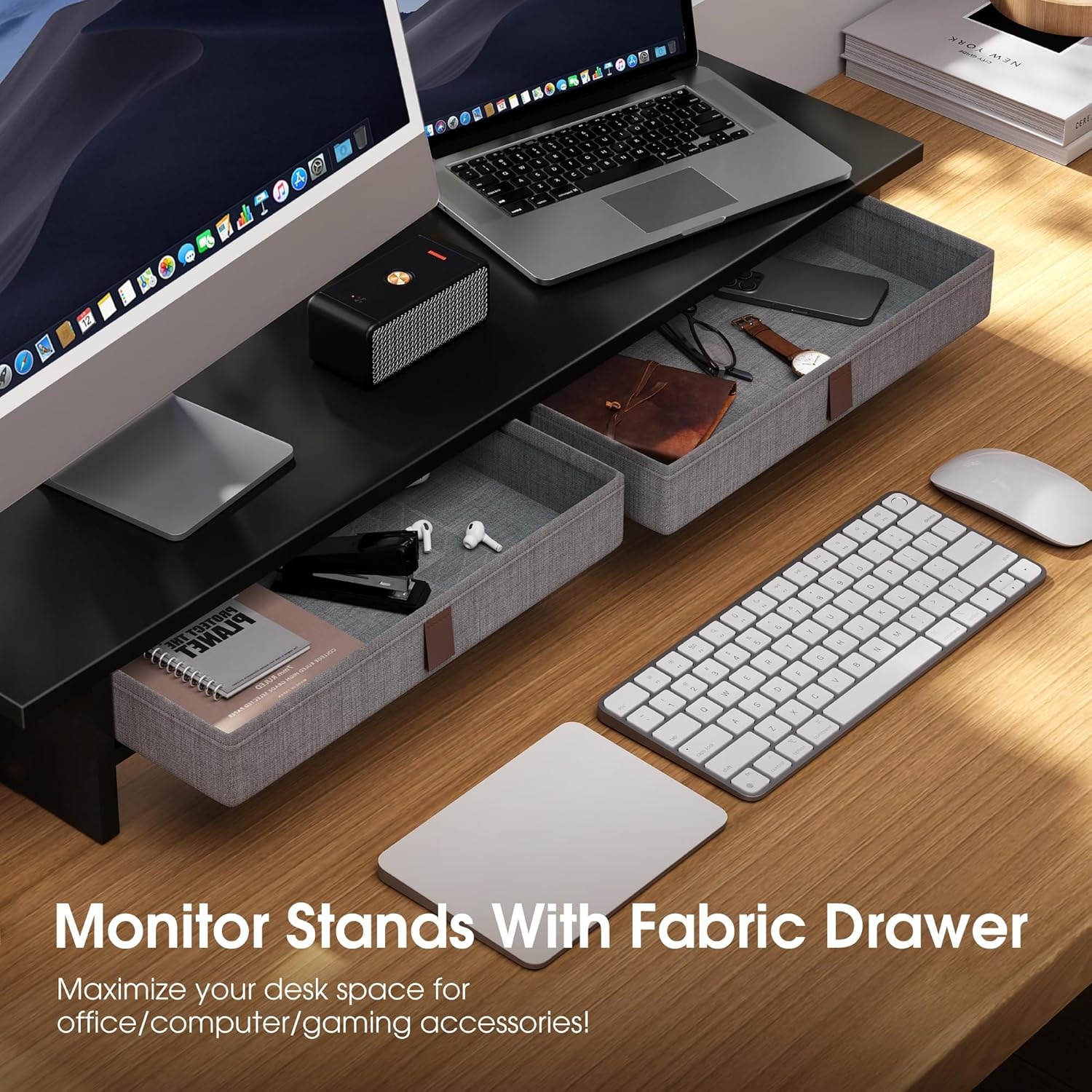 image:imageFenge Monitor Stand with Drawer 2 Tiers Dual Monitor Riser for Desk 35 Inch Computer Stand for 2 Monitors Desk Shelf for Home Office Laptop PC TV PrinterBlack