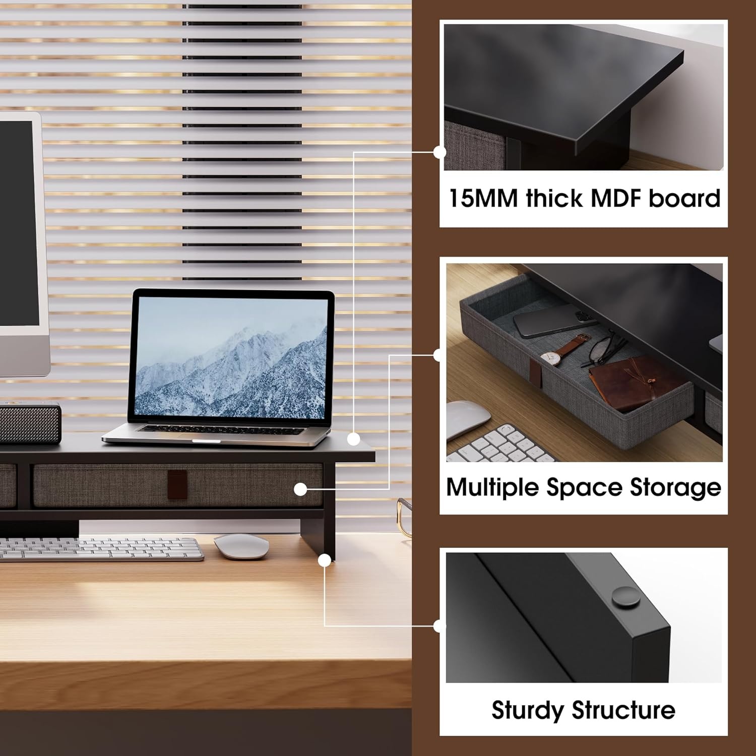 image:imageFenge Monitor Stand with Drawer 2 Tiers Dual Monitor Riser for Desk 35 Inch Computer Stand for 2 Monitors Desk Shelf for Home Office Laptop PC TV PrinterBlack