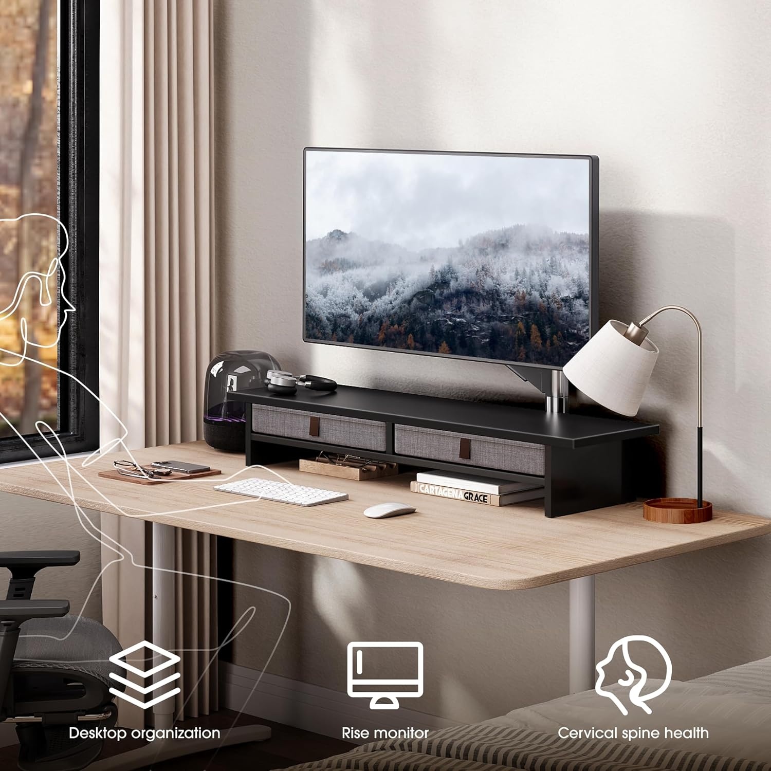 image:imageFenge Monitor Stand with Drawer 2 Tiers Dual Monitor Riser for Desk 35 Inch Computer Stand for 2 Monitors Desk Shelf for Home Office Laptop PC TV PrinterBlack