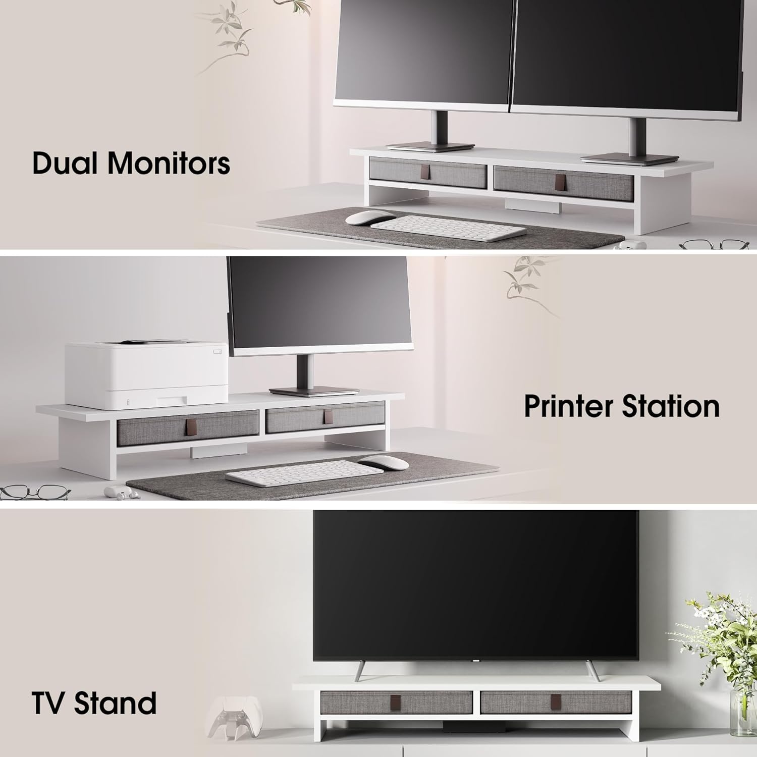 image:imageFenge Monitor Stand with Drawer 2 Tiers Dual Monitor Riser for Desk 35 Inch Computer Stand for 2 Monitors Desk Shelf for Home Office Laptop PC TV PrinterWhite