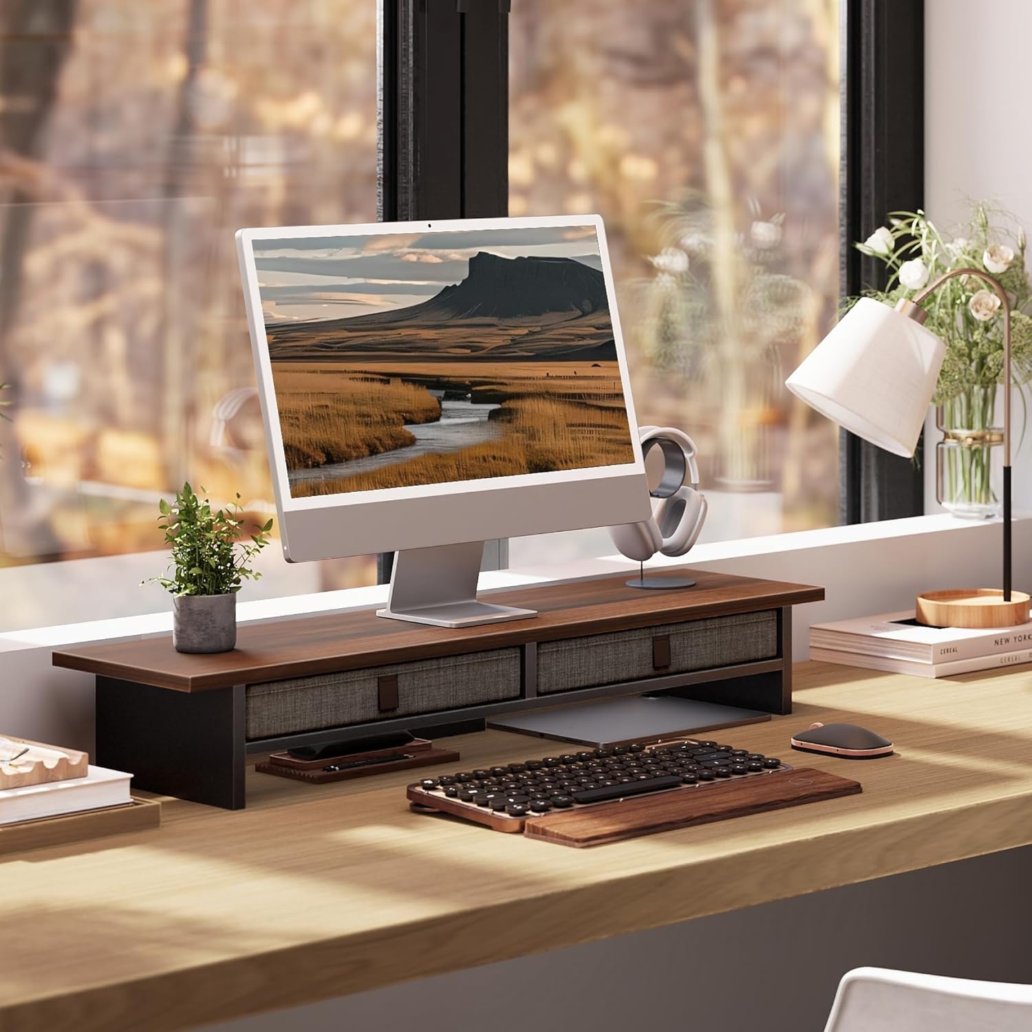 image:imageFenge Monitor Stand with Drawer 2 Tiers Dual Monitor Riser for Desk 35 Inch Computer Stand for 2 Monitors Desk Shelf for Home Office Laptop PC TV PrinterBrown