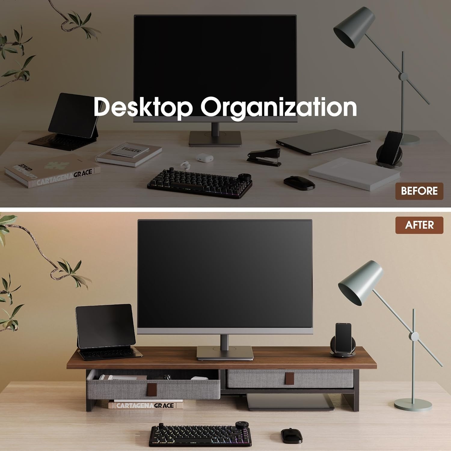 image:imageFenge Monitor Stand with Drawer 2 Tiers Dual Monitor Riser for Desk 35 Inch Computer Stand for 2 Monitors Desk Shelf for Home Office Laptop PC TV PrinterBrown
