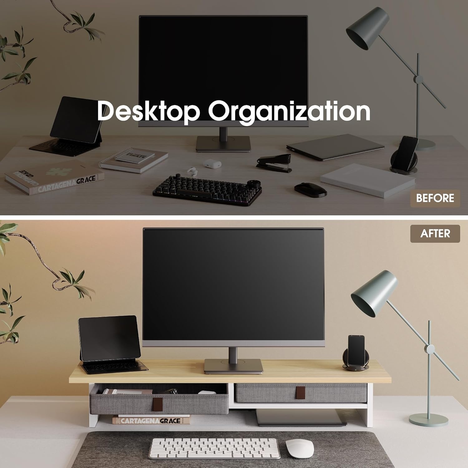 image:imageFenge Monitor Stand with Drawer 2 Tiers Dual Monitor Riser for Desk 35 Inch Computer Stand for 2 Monitors Desk Shelf for Home Office Laptop PC TV PrinterOak