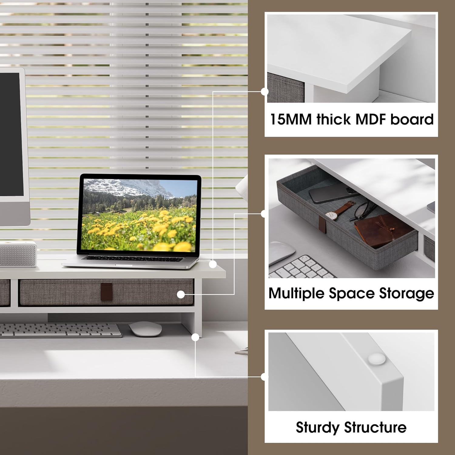 image:imageFenge Monitor Stand with Drawer 2 Tiers Dual Monitor Riser for Desk 35 Inch Computer Stand for 2 Monitors Desk Shelf for Home Office Laptop PC TV PrinterWhite