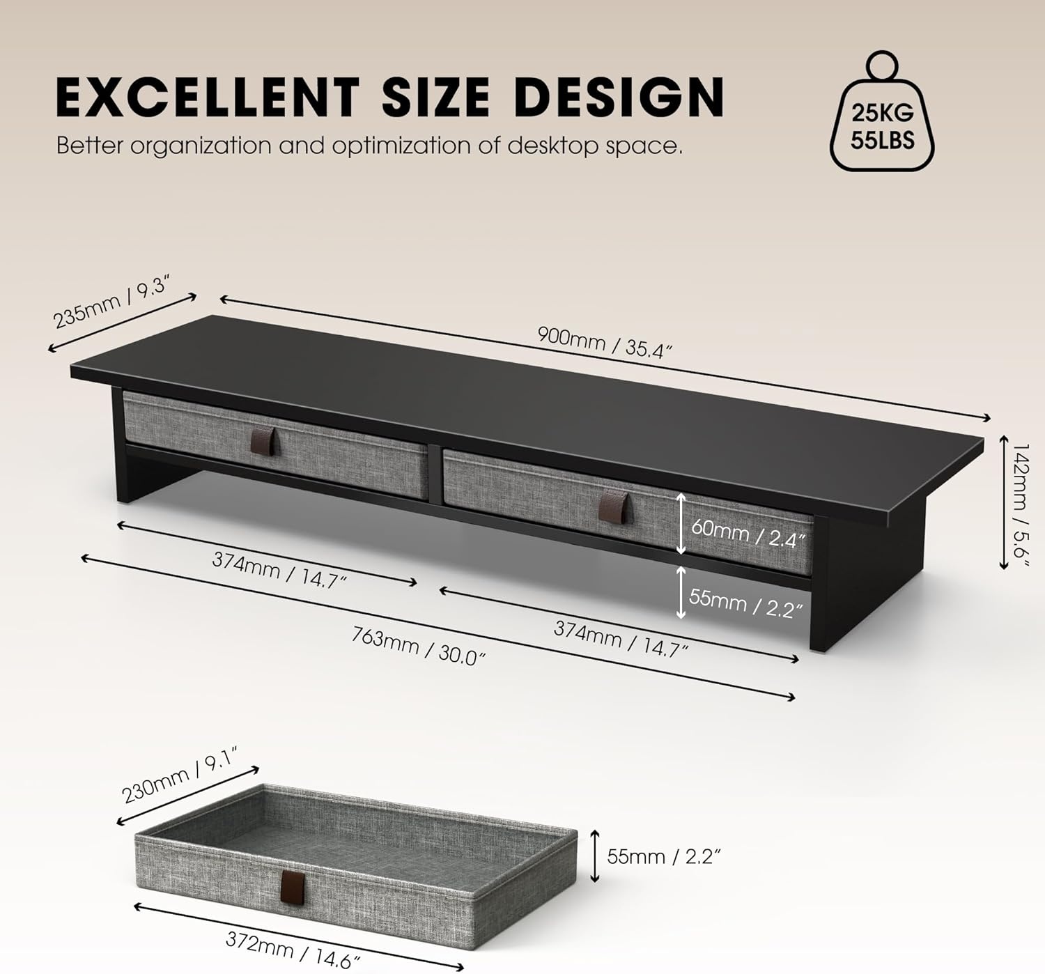 image:imageFenge Monitor Stand with Drawer 2 Tiers Dual Monitor Riser for Desk 35 Inch Computer Stand for 2 Monitors Desk Shelf for Home Office Laptop PC TV PrinterBlack