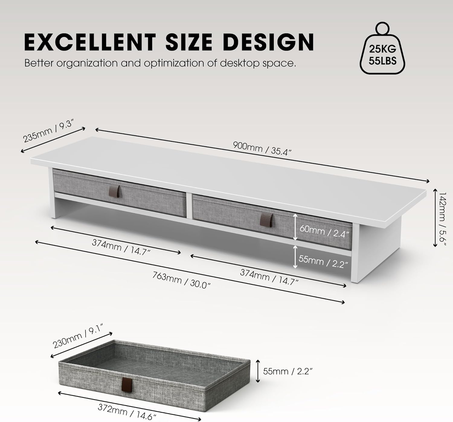 image:imageFenge Monitor Stand with Drawer 2 Tiers Dual Monitor Riser for Desk 35 Inch Computer Stand for 2 Monitors Desk Shelf for Home Office Laptop PC TV PrinterWhite