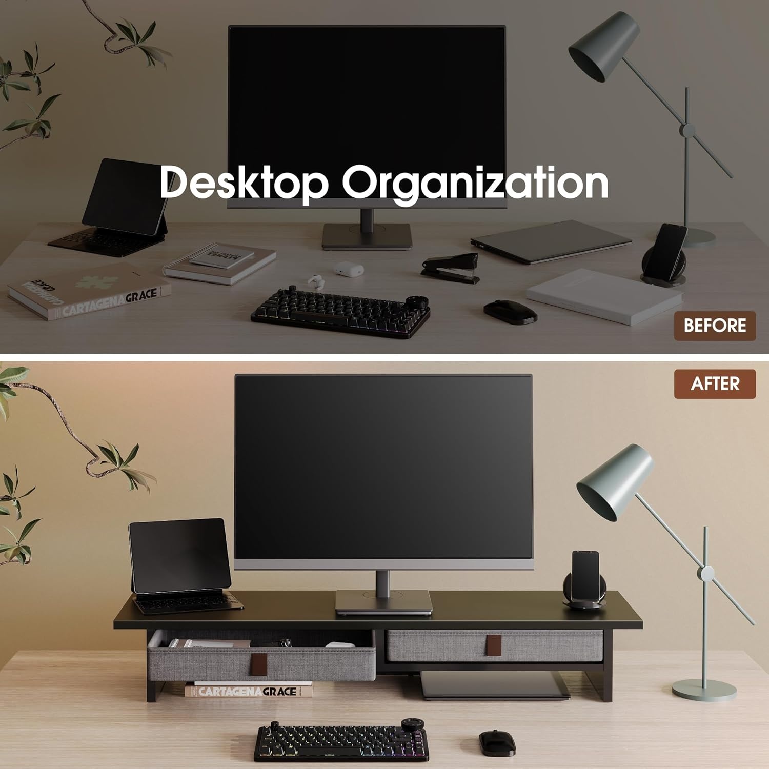 image:imageFenge Monitor Stand with Drawer 2 Tiers Dual Monitor Riser for Desk 35 Inch Computer Stand for 2 Monitors Desk Shelf for Home Office Laptop PC TV PrinterBlack