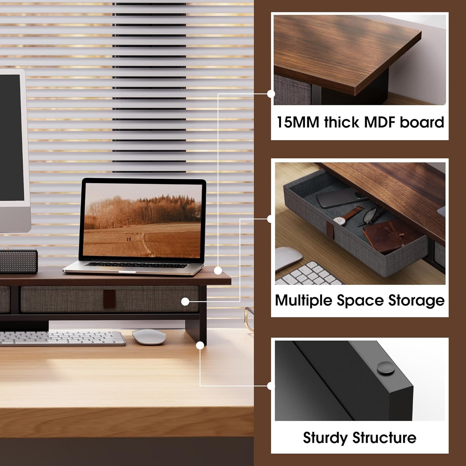 image:imageFenge Monitor Stand with Drawer 2 Tiers Dual Monitor Riser for Desk 35 Inch Computer Stand for 2 Monitors Desk Shelf for Home Office Laptop PC TV PrinterBrown