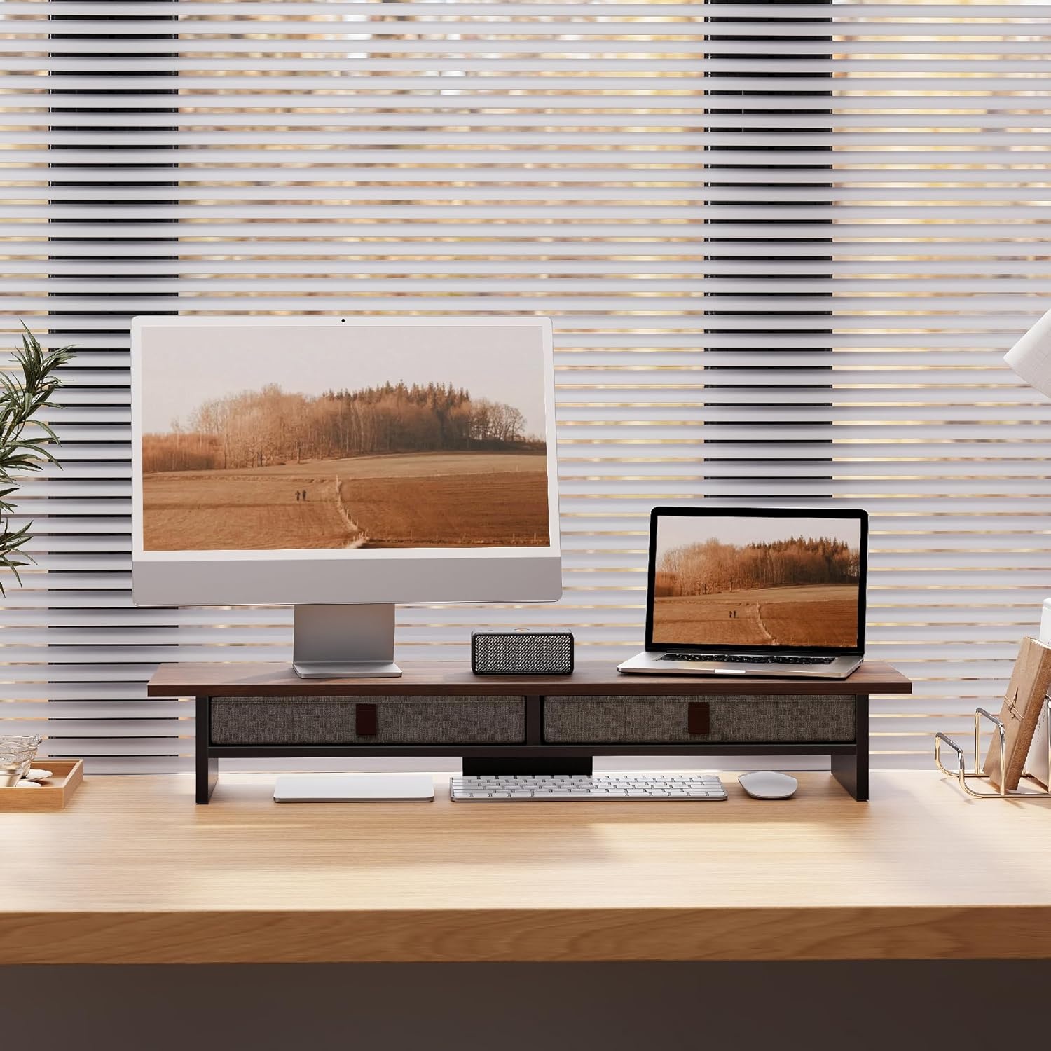 image:imageFenge Monitor Stand with Drawer 2 Tiers Dual Monitor Riser for Desk 35 Inch Computer Stand for 2 Monitors Desk Shelf for Home Office Laptop PC TV PrinterBrown