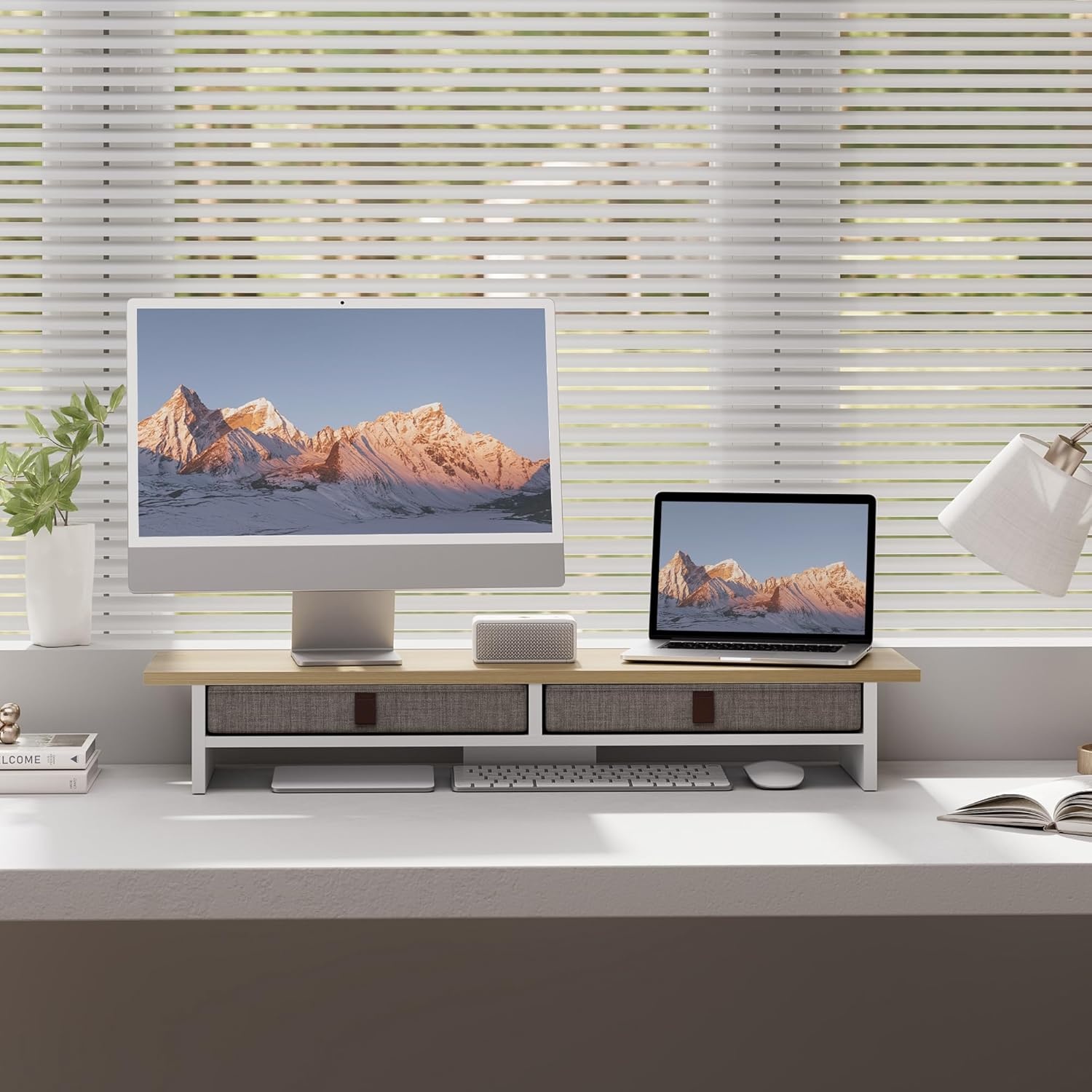 image:imageFenge Monitor Stand with Drawer 2 Tiers Dual Monitor Riser for Desk 35 Inch Computer Stand for 2 Monitors Desk Shelf for Home Office Laptop PC TV PrinterOak