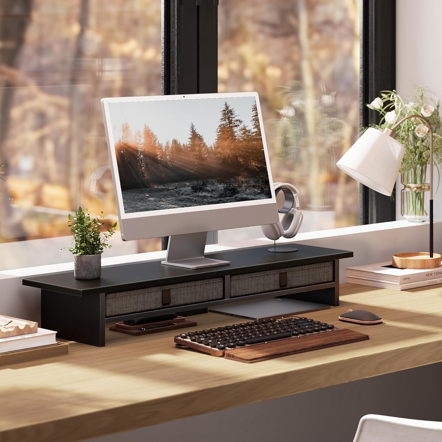 image:imageFenge Monitor Stand with Drawer 2 Tiers Dual Monitor Riser for Desk 35 Inch Computer Stand for 2 Monitors Desk Shelf for Home Office Laptop PC TV PrinterBlack