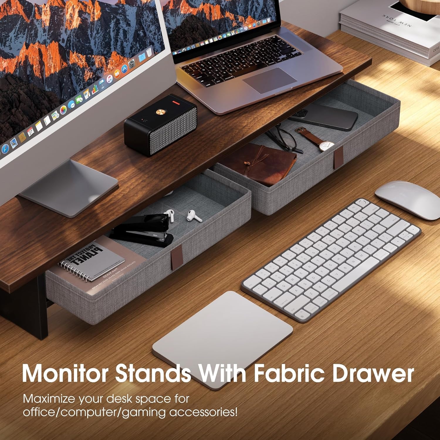 image:imageFenge Monitor Stand with Drawer 2 Tiers Dual Monitor Riser for Desk 35 Inch Computer Stand for 2 Monitors Desk Shelf for Home Office Laptop PC TV PrinterBrown