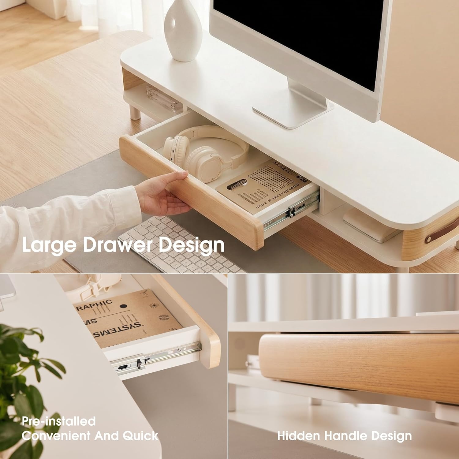 image:imageFenge Monitor Stand with Large Drawer 425 Inch Dual Monitor Riser for 2 Monitors Ergonomic Computer Desk Shelf with Soft Touch Leather amp Storage Organizer for Laptop Computer TV PC PrintersWhite