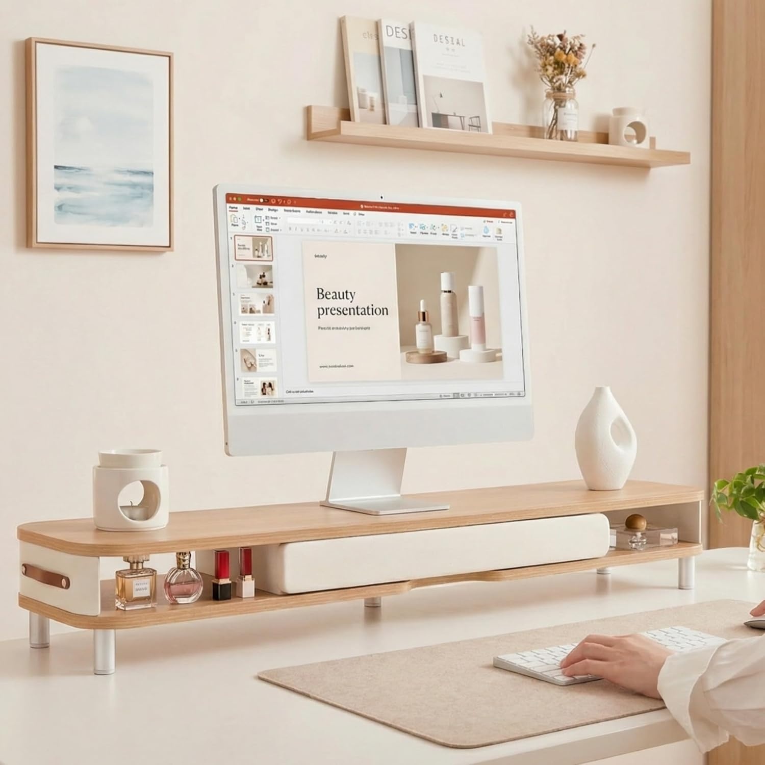 image:imageFenge Monitor Stand with Large Drawer 425 Inch Dual Monitor Riser for 2 Monitors Ergonomic Computer Desk Shelf with Soft Touch Leather amp Storage Organizer for Laptop Computer TV PC PrintersOak