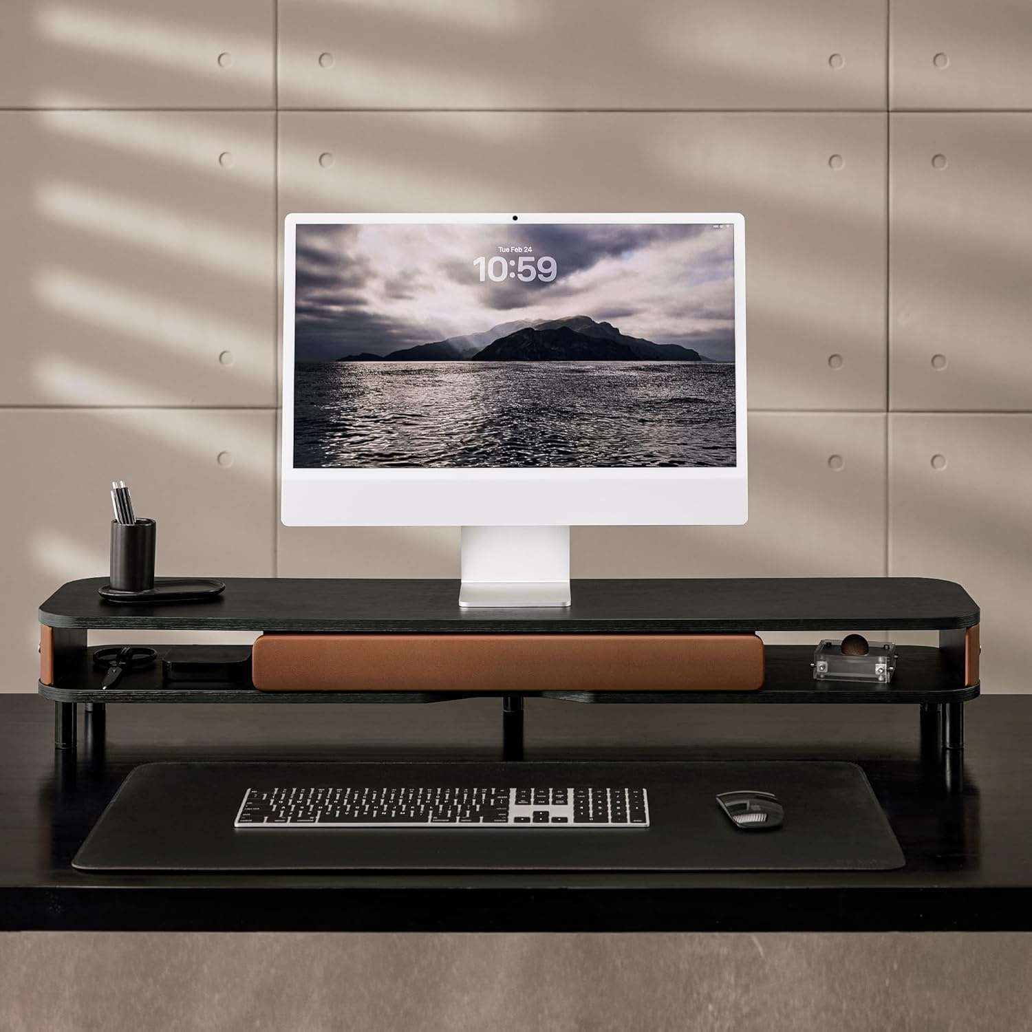 image:imageFenge Monitor Stand with Large Drawer 425 Inch Dual Monitor Riser for 2 Monitors Ergonomic Computer Desk Shelf with Soft Touch Leather amp Storage Organizer for Laptop Computer TV PC PrintersBlack