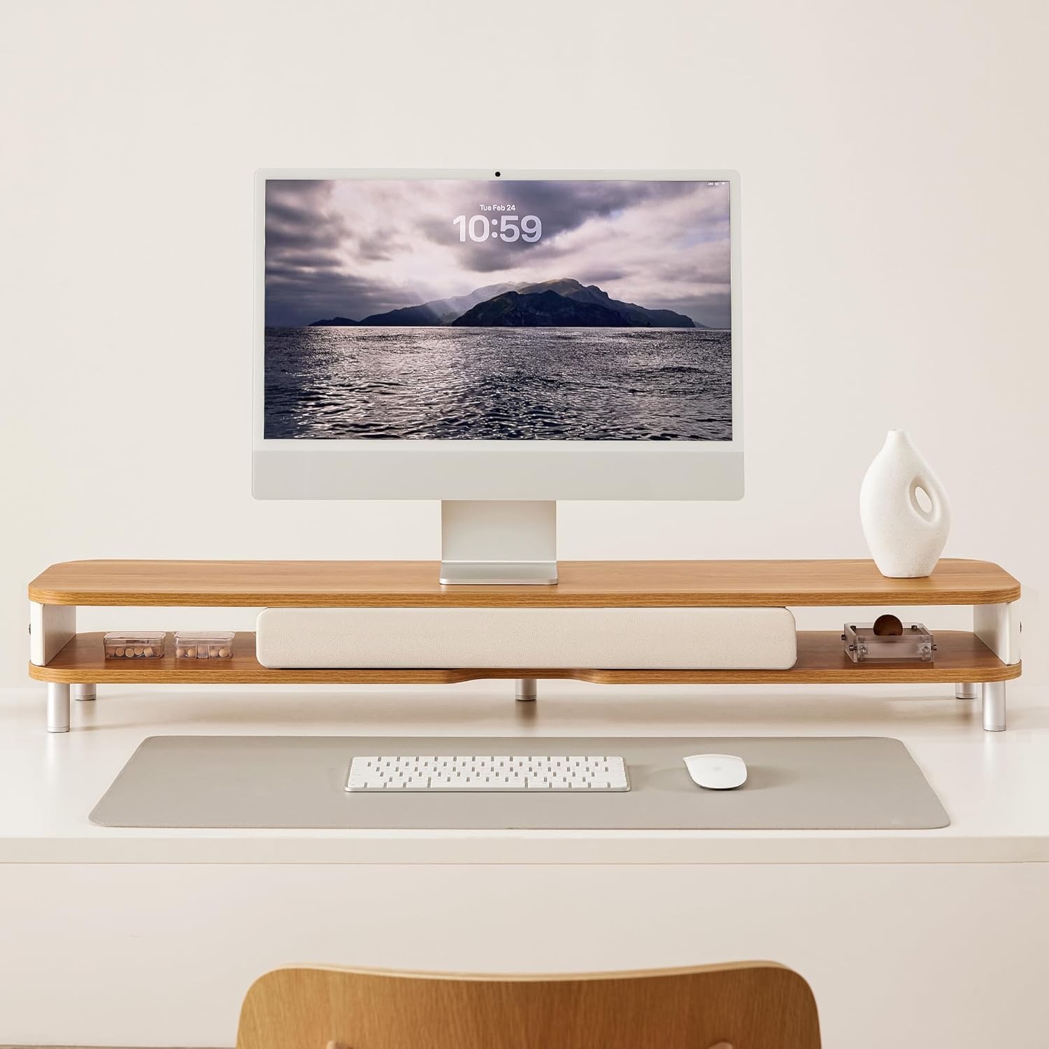 image:imageFenge Monitor Stand with Large Drawer 425 Inch Dual Monitor Riser for 2 Monitors Ergonomic Computer Desk Shelf with Soft Touch Leather amp Storage Organizer for Laptop Computer TV PC PrintersOak