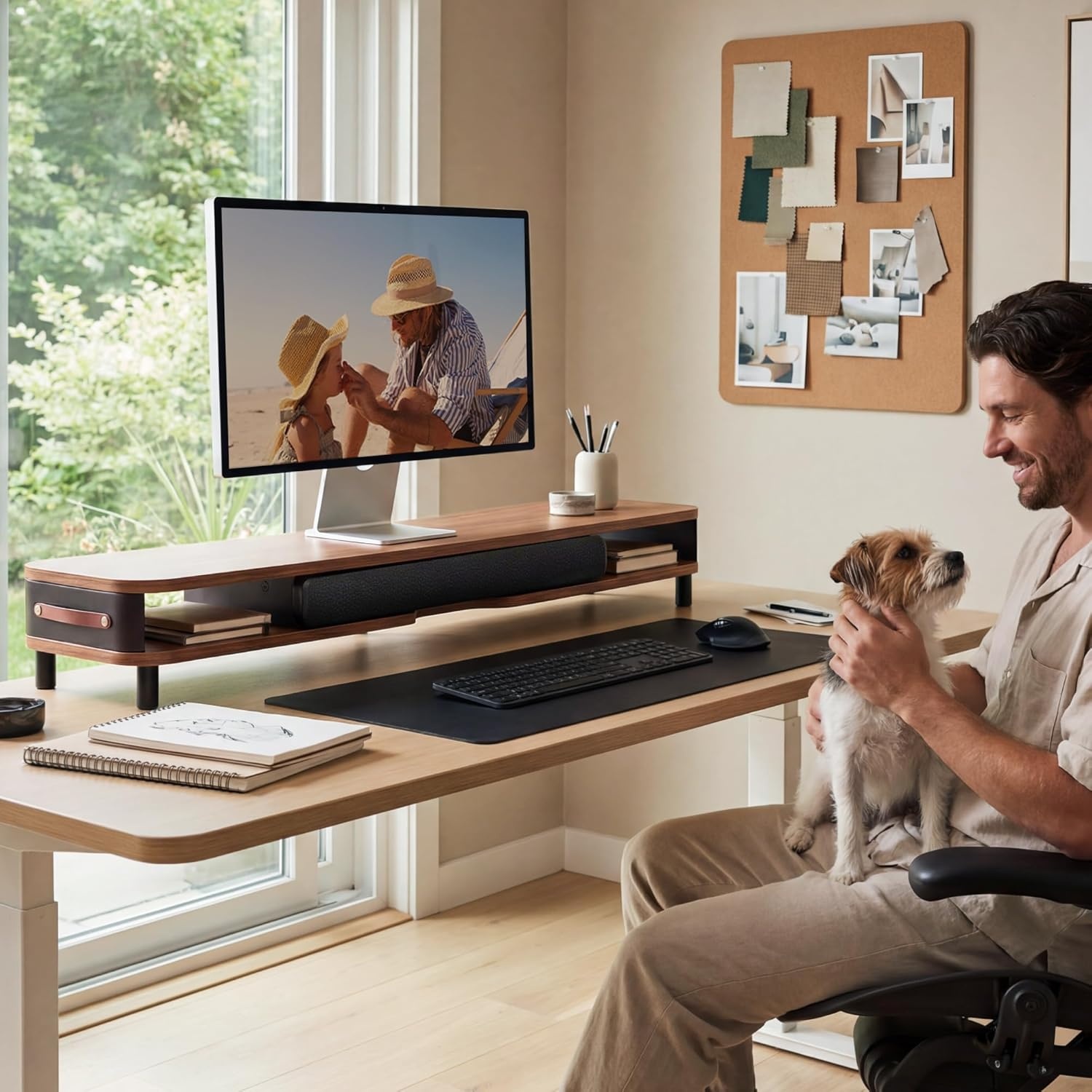 image:imageFenge Monitor Stand with Large Drawer 425 Inch Dual Monitor Riser for 2 Monitors Ergonomic Computer Desk Shelf with Soft Touch Leather amp Storage Organizer for Laptop Computer TV PC PrintersBrown